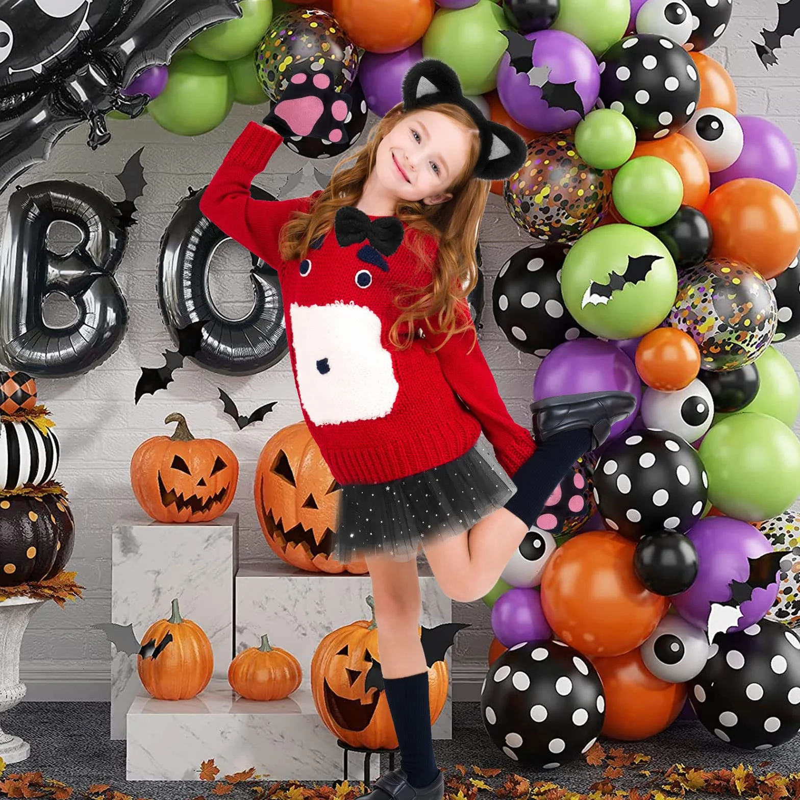 TSHAOUN Zestaw kostiumowy kot, sukienka zwierzęca, cosplay, kocie uszy, opaska na czoło, kocie, uszy, kołnierz, łapy, rękawiczki, czarna tutu, na Halloween, karnawał, karnawał