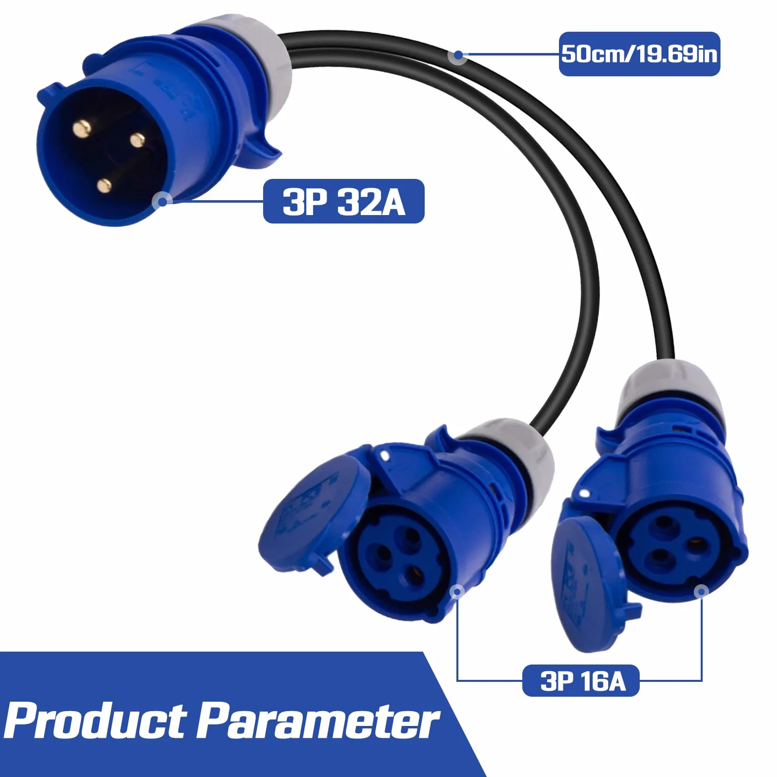Adapter CEE, wtyczka 32 A do 2 gniazd 16 A, IP44, 2-drożny kabel konwerterowy, rozdzielacz rozdzielacz, generator do przyczep kempingowych, adapter 230 V, IP44