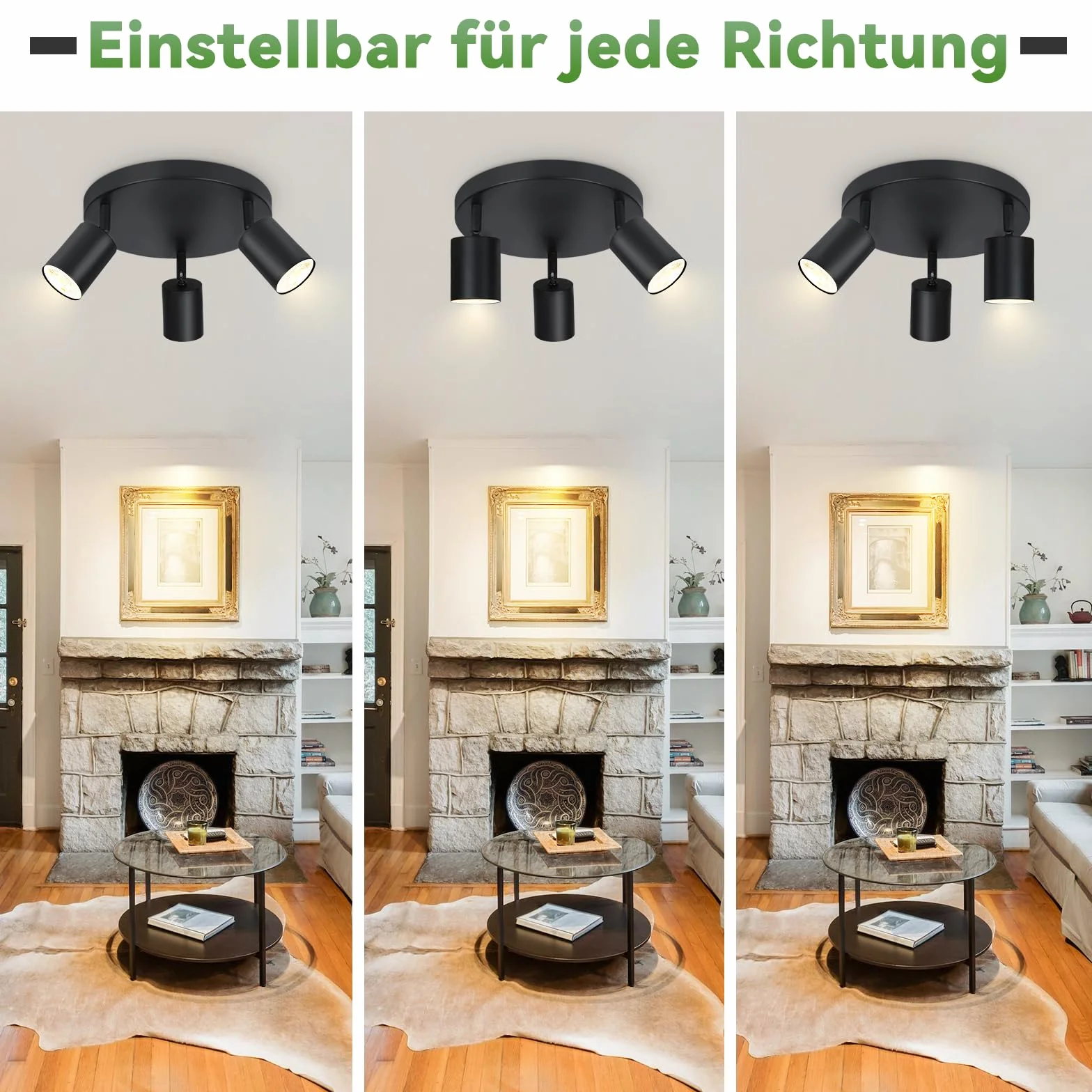 Lampa sufitowa GU10 czarny okrągły 3 płomienie metalowa Swivel Design do salonu sypialni kuchni