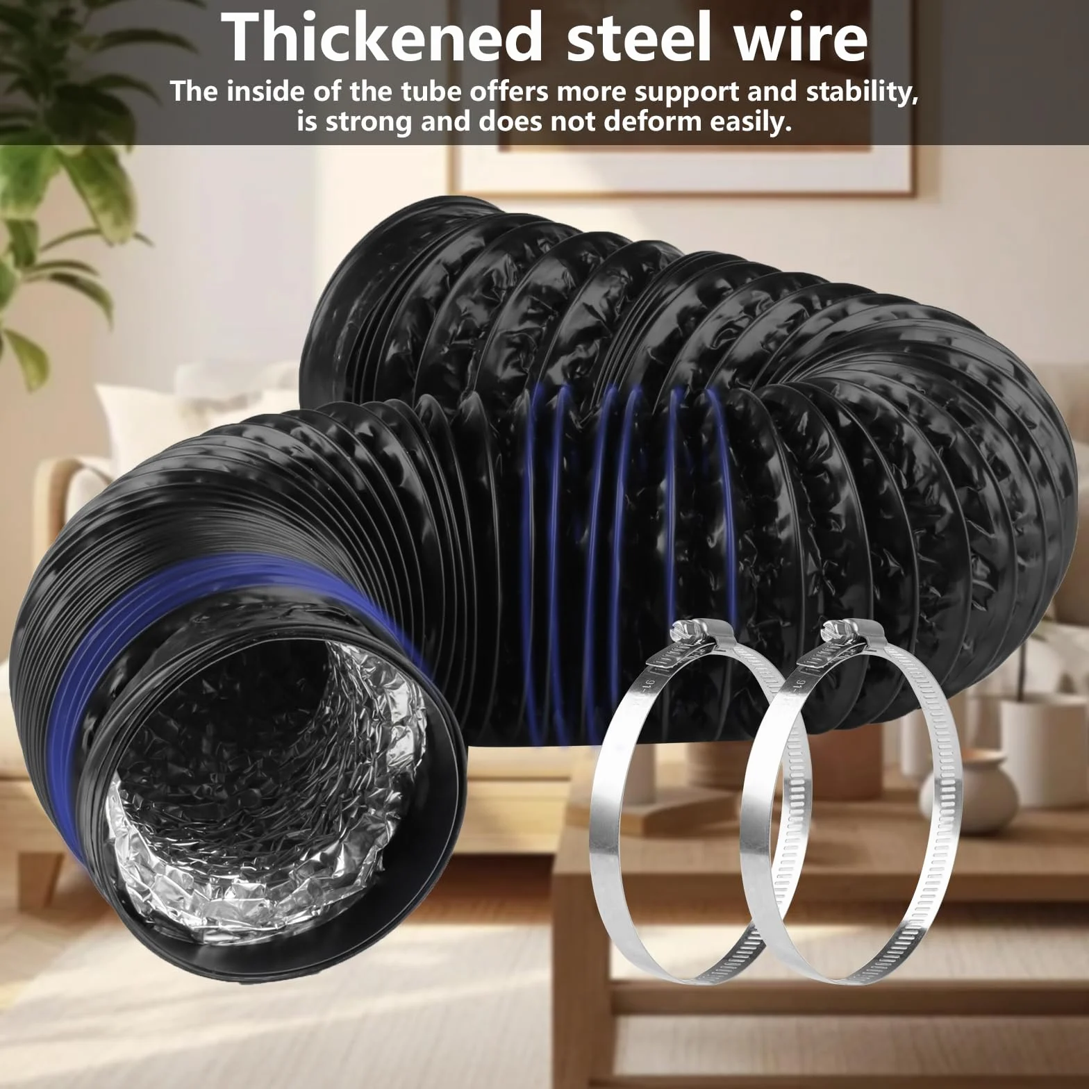 Wąż powietrza wylotowego PCW, 100 mm, czarny, wąż wentylacyjny 100 mm, długość 2 m, wąż elastyczny, rura aluminiowa, wąż do klimatyzacji, okapu wyciągowego, wentylatora wyciągowego, 2 zaciski ze stali