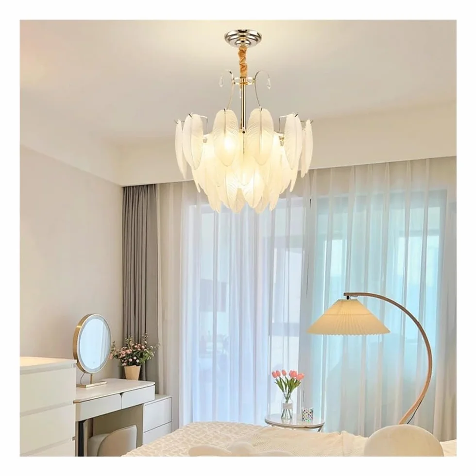 Lampa wisząca, okrągły klosz z perłowym koralikiem - lampa wisząca Fandelier - białe szkło liściaste antyczne żyrandole 3-poziomowa lampa wisząca w stylu Mid Century Modern pasująca do salonu, sypialn