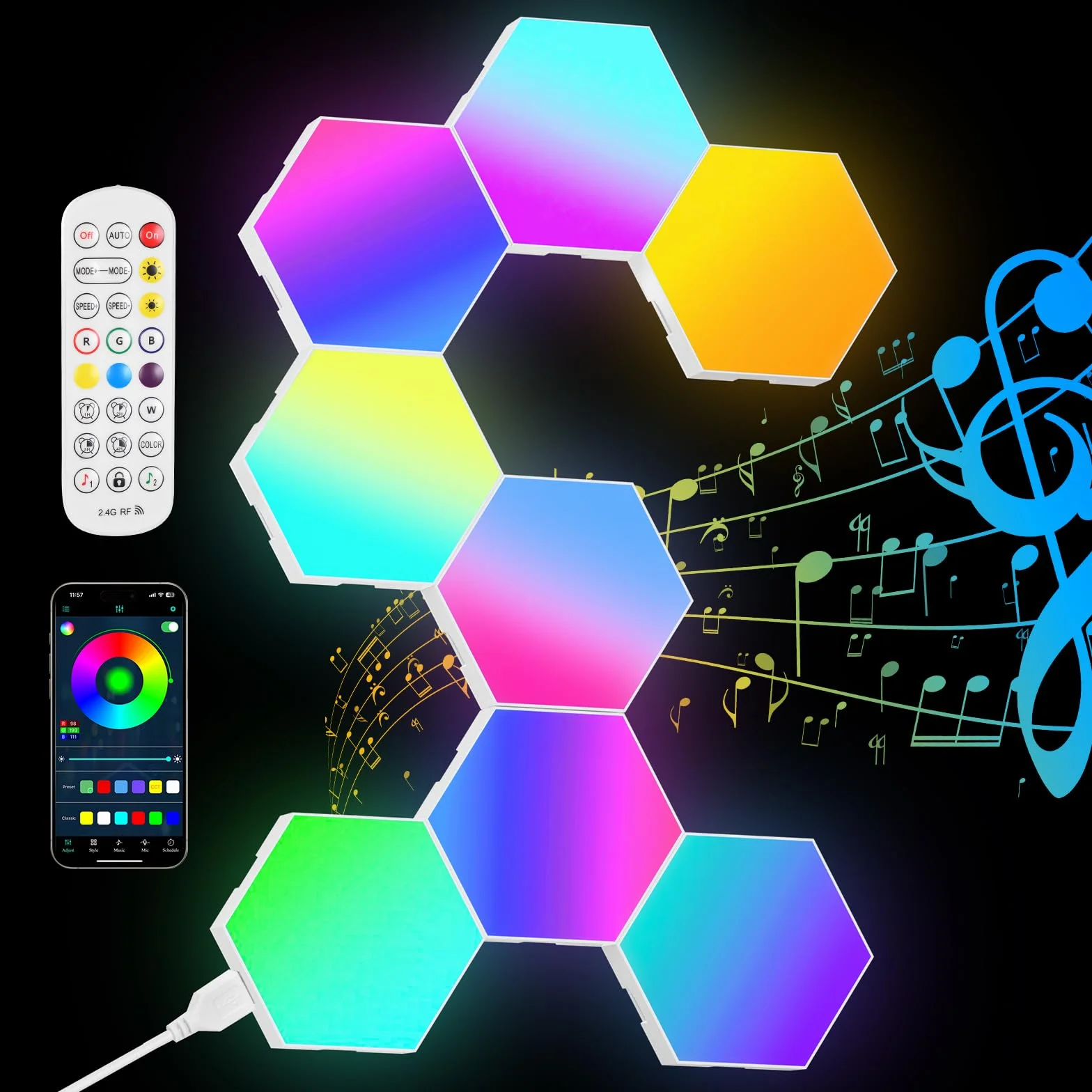URAQT Hexagonalny Kinkiet LED do Gier, 8 Sztuk Paneli RGB, Inteligentny Sześciokątny, Synchronizacja Muzyki Sterowana Aplikacją dla Graczy, Wystrój Pokoju, Światło Modułowe