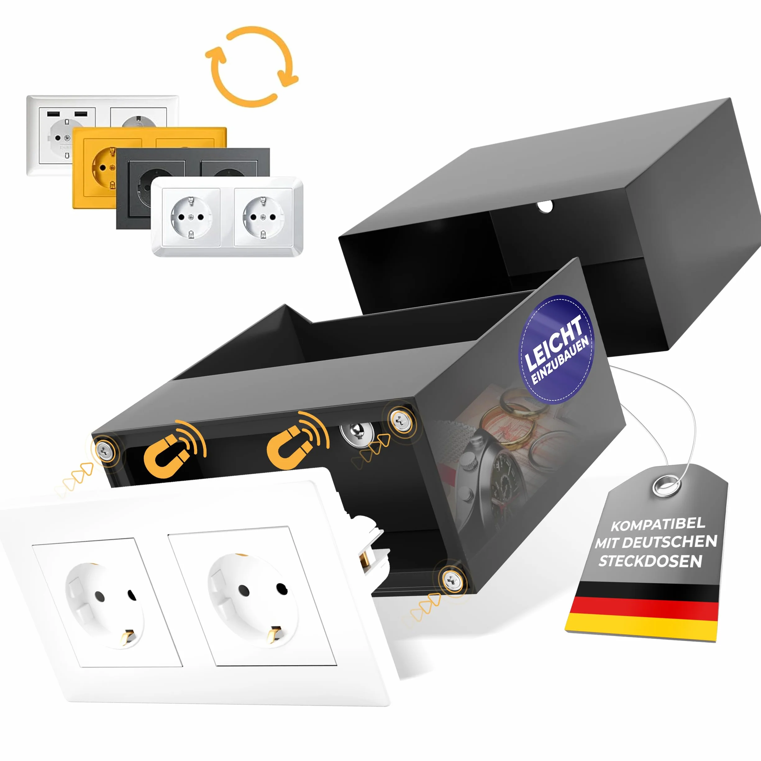 Elder Welder® Sejf z podwójnym gniazdkiem, kompatybilny z każdym podwójnym gniazdkiem Schuko, sejf ścienny do montażu na ścianie, sejf do gniazdka, mini sejf, z kluczami, jako schowek na pieniądze, tajny schowek, sekretna skrytka