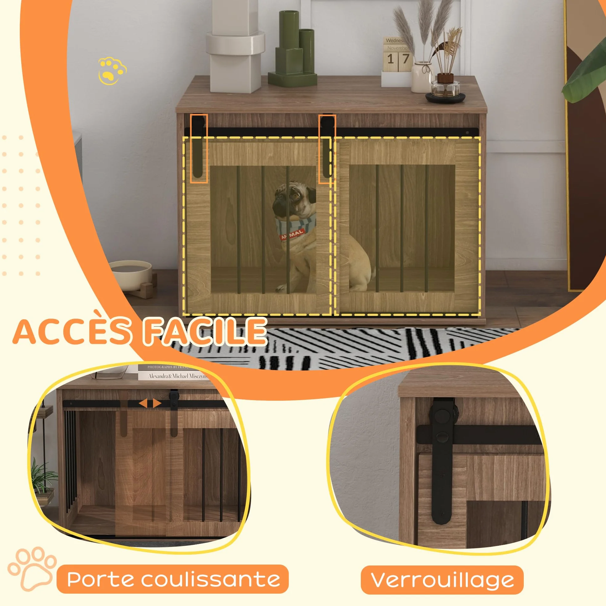 PawHut Klatka dla psa Domek dla psa Kryty mebel Klatka dla psa 1 drzwi przesuwne, stolik pomocniczy, efekt drewna, wymiary 57H x 80 L x 54 l, brązowy