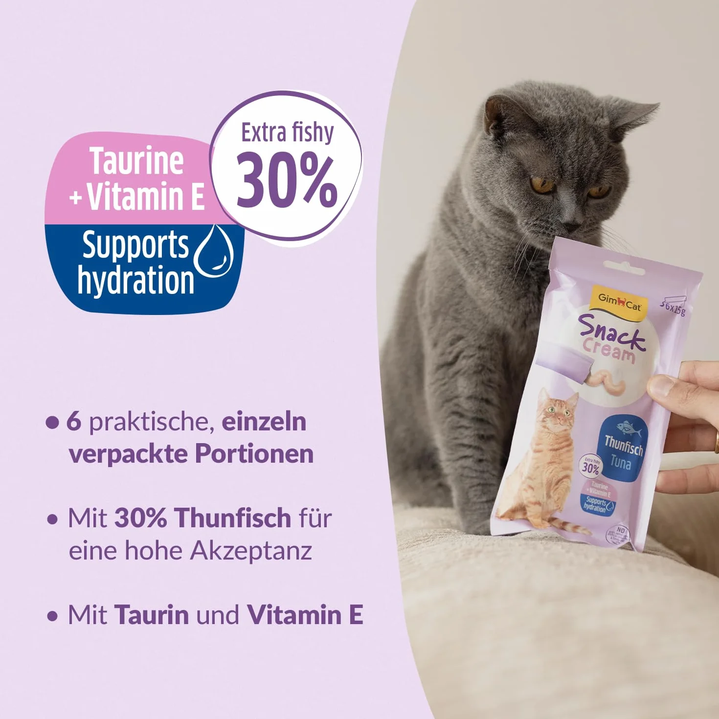 GimCat Snack Cream Tuńczyk – pyszny krem na przekąski dla kotów w praktycznych, pojedynczo zapakowanych porcjach – 6 sztuk (6 x 15 g)