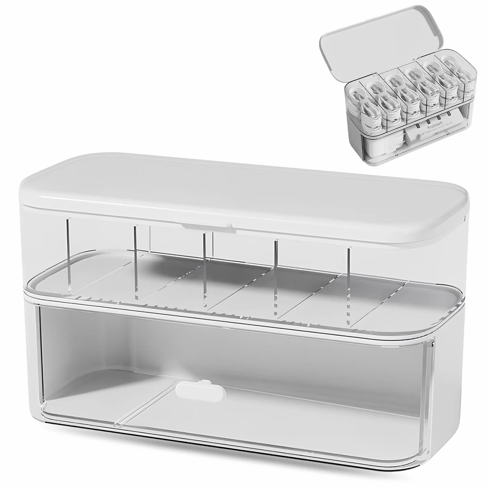 Dwuwarstwowa przezroczysta skrzynka do organizowania kabli, pudełko do przechowywania kabli z 6 przegródkami, pojemnik na kable USB, do domu, biura, biurka (biały)