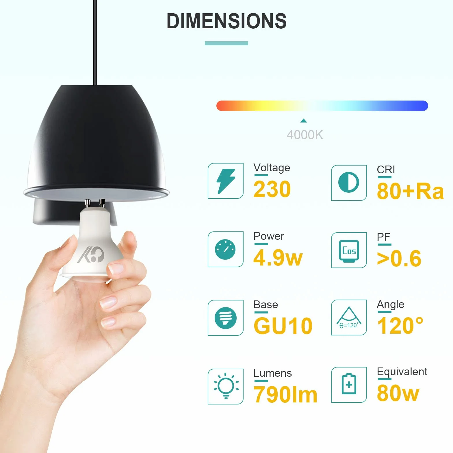 GY ?arówka LED GU10 4,9W 790LM, Neutralna Bia?a 4000K, K?t Wi?zki 120°, Nie?ciemniane, CRI>80, Odpowiednik 80 W, Pakiet 2 Sztuk