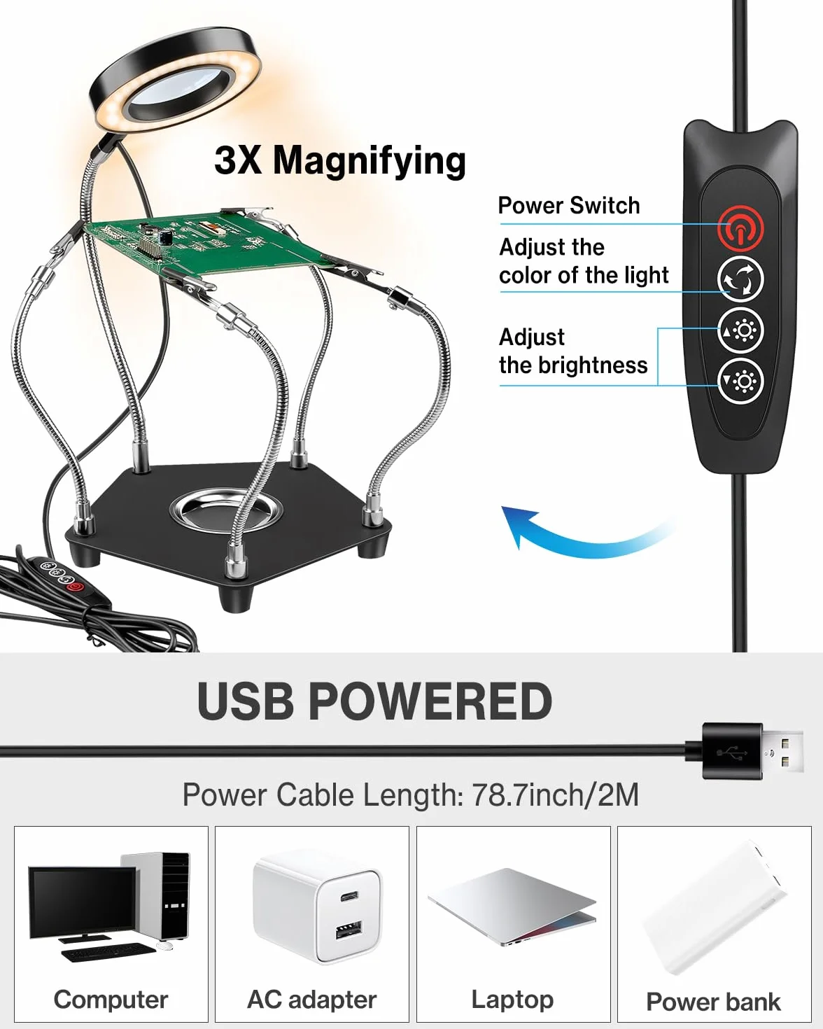Stacja lutownicza trzeciej ręki, pomoc w lutowaniu, uchwyt na płytkę drukowaną, narzędzia do rękodzieła, warsztatu, stacja pomocnicza z USB LED, 3 x lupa, cztery ramiona pomocnik rzemiosło biżuteria