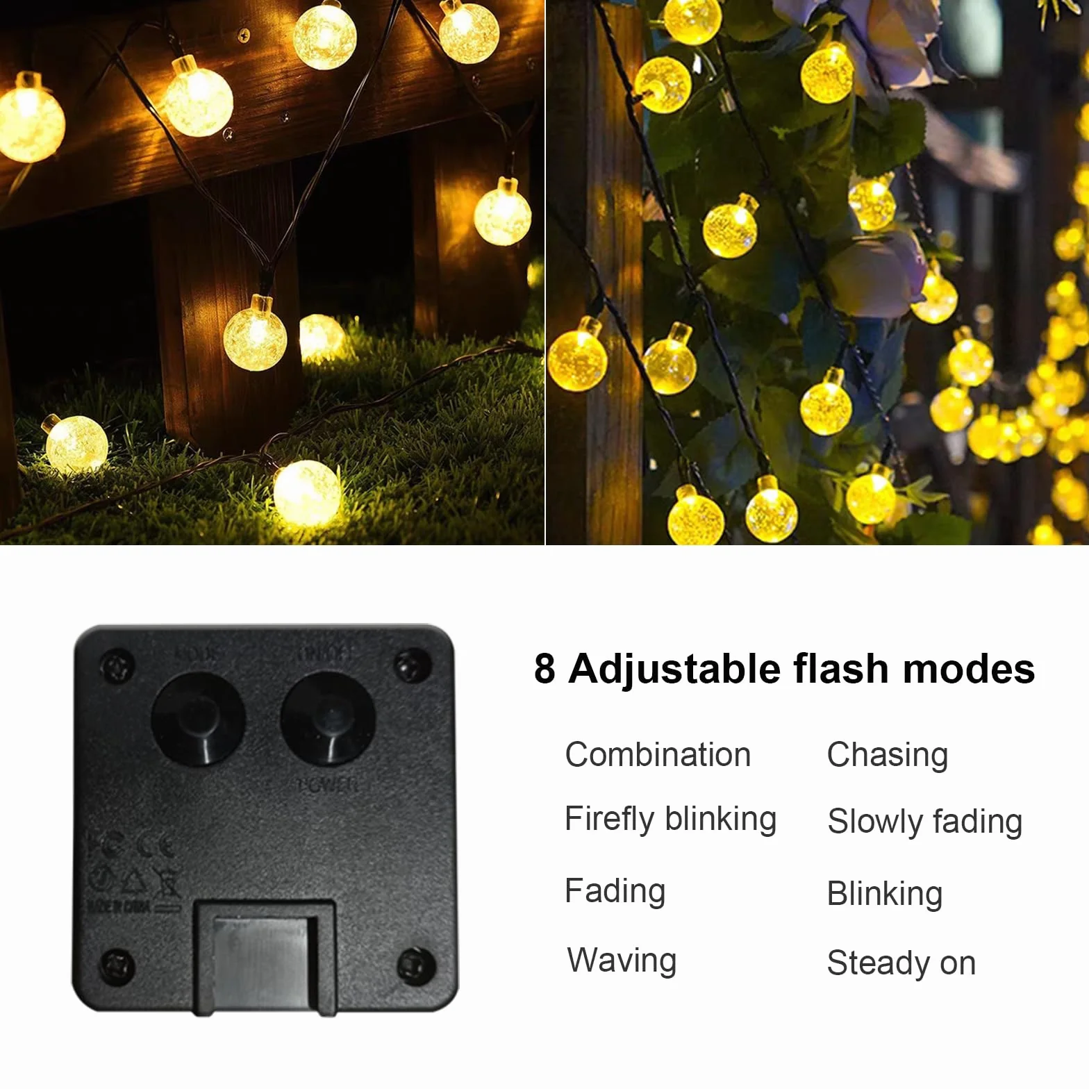 LQWELL® Słoneczne wróżki do ogrodu na zewnątrz, słoneczne łańcuchy świetlne Kryształowe kule 30LED 8 M 26FT IP44 8 trybów Wróżki do ogrodu na patio (Ciepła biel)