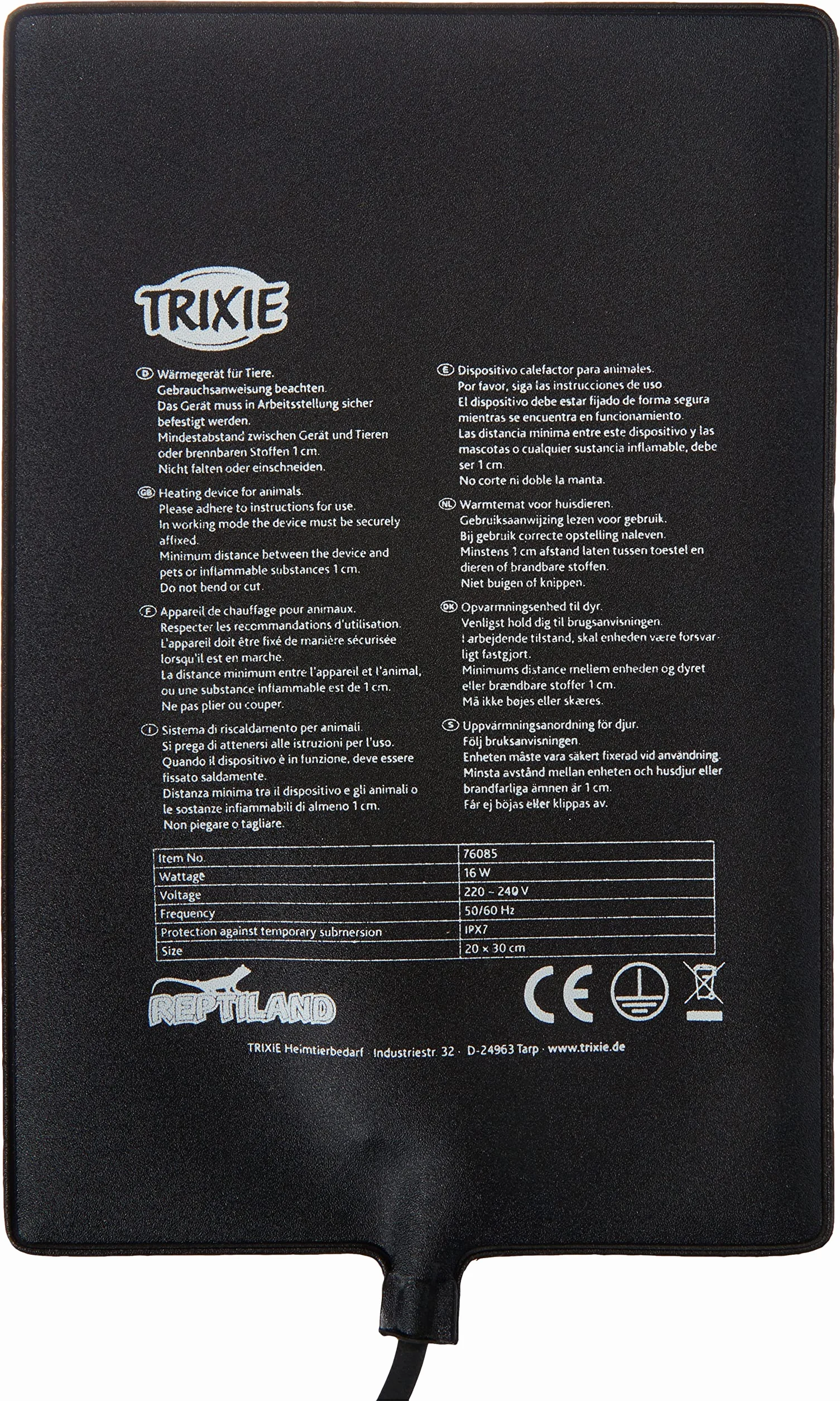 TRIXIE Kojąca mata grzewcza dla zwierząt terrariów, "mata grzewcza, 20 x 30 cm, 16 W", 76085, czarna