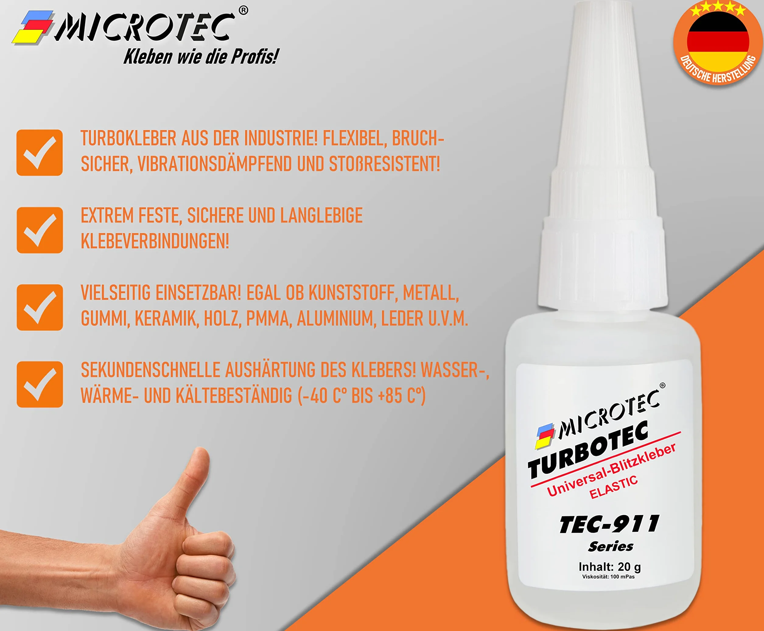 Microtec® Turbotec-911 Elastic klej błyskawiczny | 20 g | idealne rozwiązanie do elastycznego klejenia | do gumy, skóry, sztucznych paznokci i wielu innych | bardzo elastyczny, przezroczysty i płynny klej