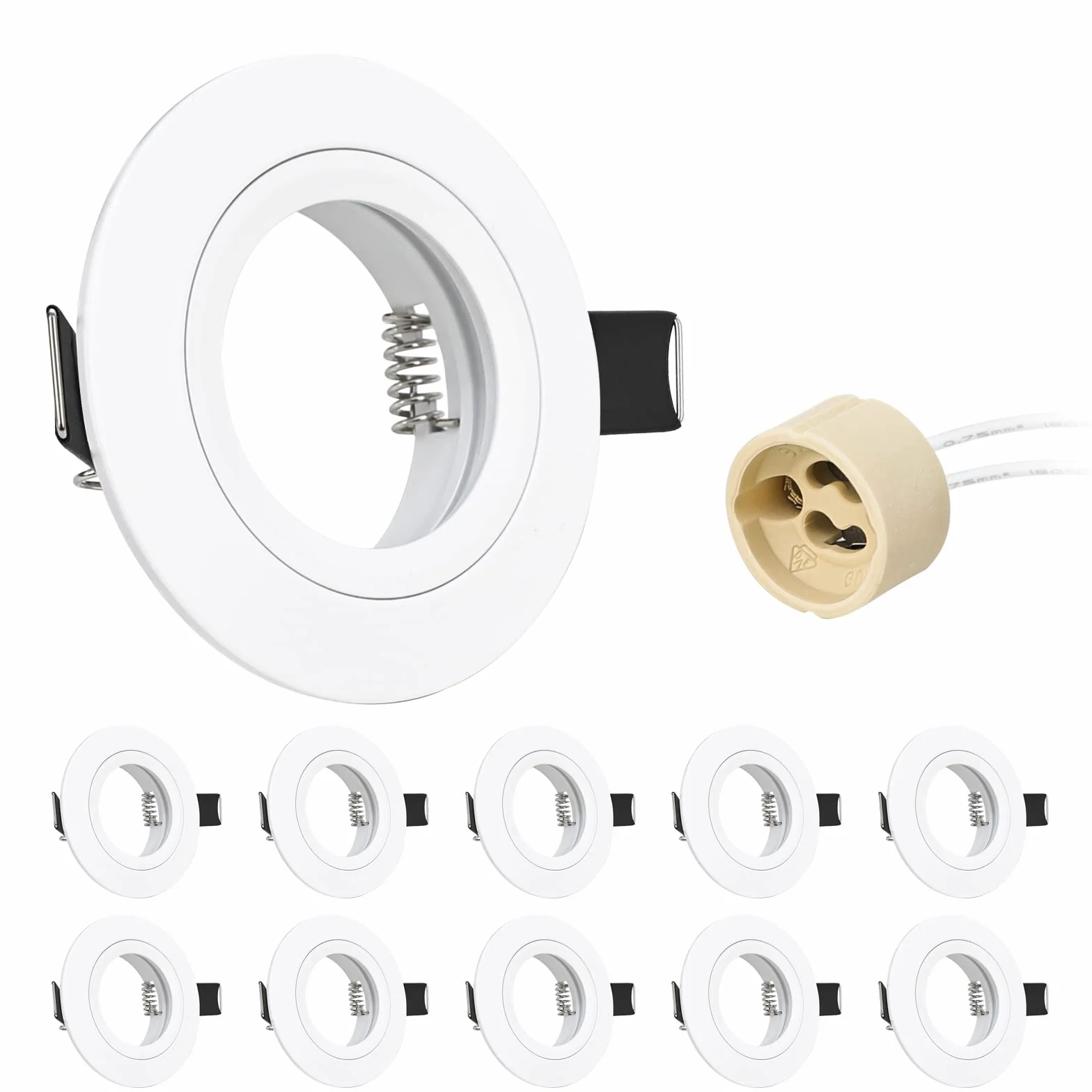 10x Reflektor wpuszczany GU10 biały aluminium, reflektory rama montażowa z gniazdem GU10, okrągły uchwyt wpuszczany bardzo płaski sufit do lamp LED lub halogenowych, otwór montażowy ø65mm