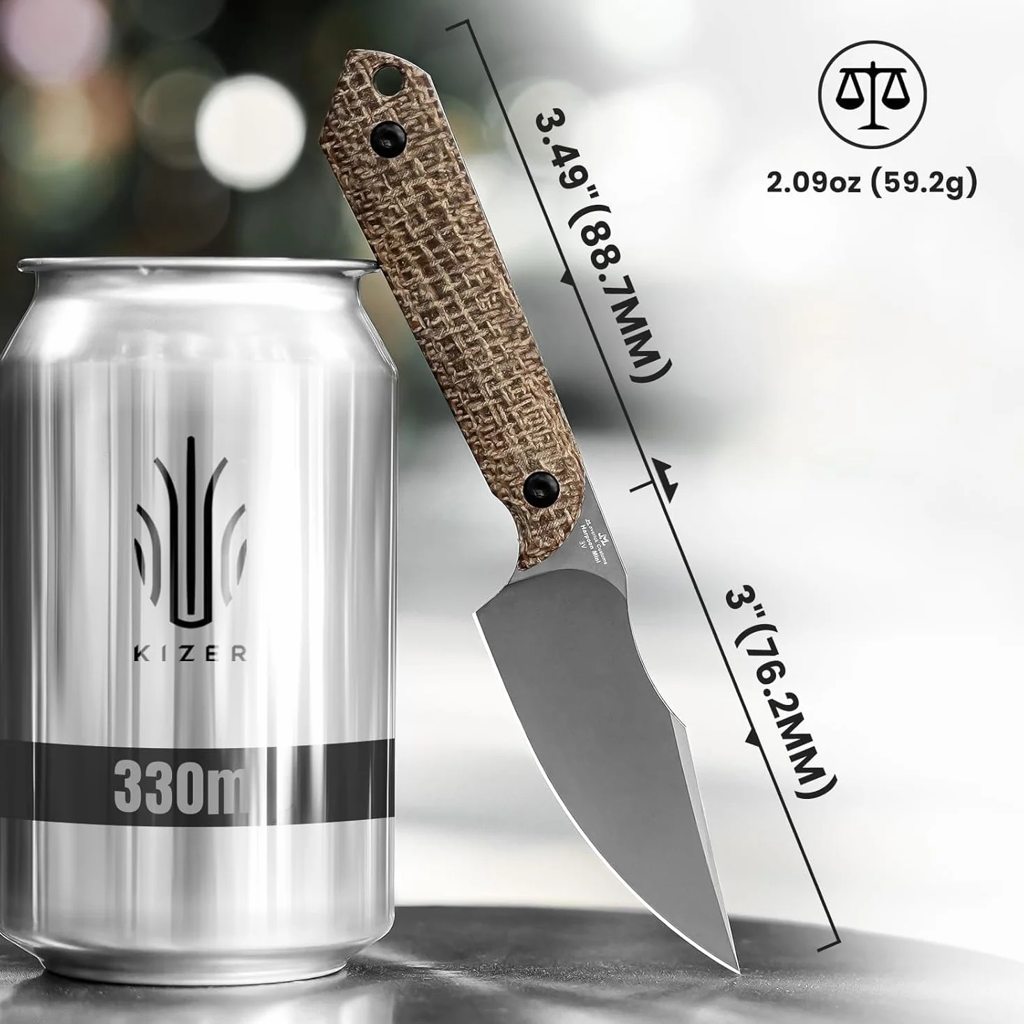 Kizer Mini Harpoon nóż, pochwa, myśliwski nóż z ostrzem 3 V i uchwytem Micarta, mały EDC ze stałym ostrzem, na kemping, wędrówki, survival 1040SM1
