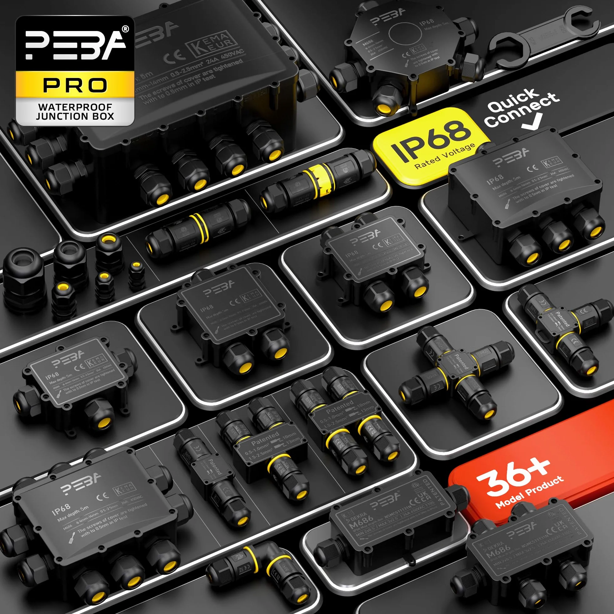 PEBA® IP68 Zewnętrzna Wodoszczelna skrzynka rozgałęźna 3-drożne Wodoodpornych puszek rozgałęźnych, Puszka przyłączeniowa, Wodoodporne złącze kablowe,na Ø 4-14mm ogrodu przyłączeniowa, Czarny 4pcs