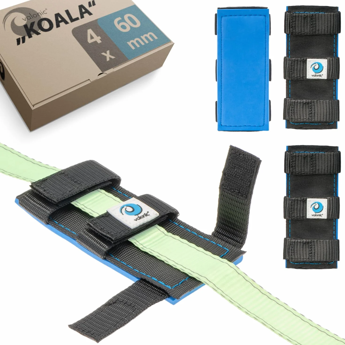 valonic KOALA - 4x ochraniacze krawędzi do paska mocującego - poduszka neoprenowa, zestaw ochrony krawędzi z zapięciem na rzep - do SUP, kajaka - szerokość paska do 60 mm, torba do przechowywania