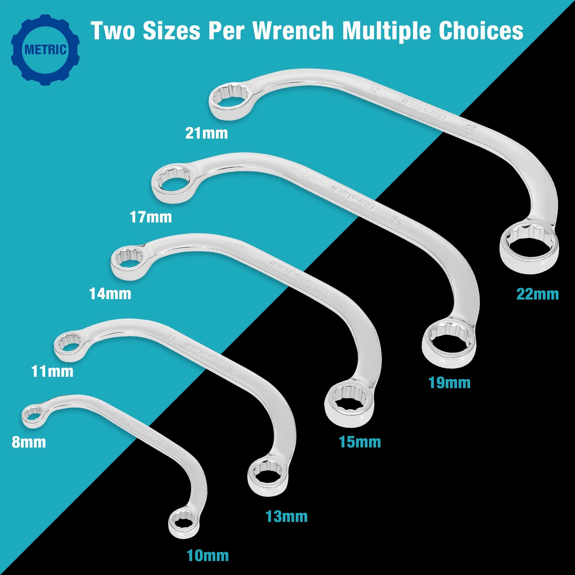DURATECH Zestaw kluczy oczkowych podwójnych, półksiężycowe klucze do przeszkód typu C, metryczne, 5-elementów, 8–22 mm, 12-kątne, z wkładką EVA