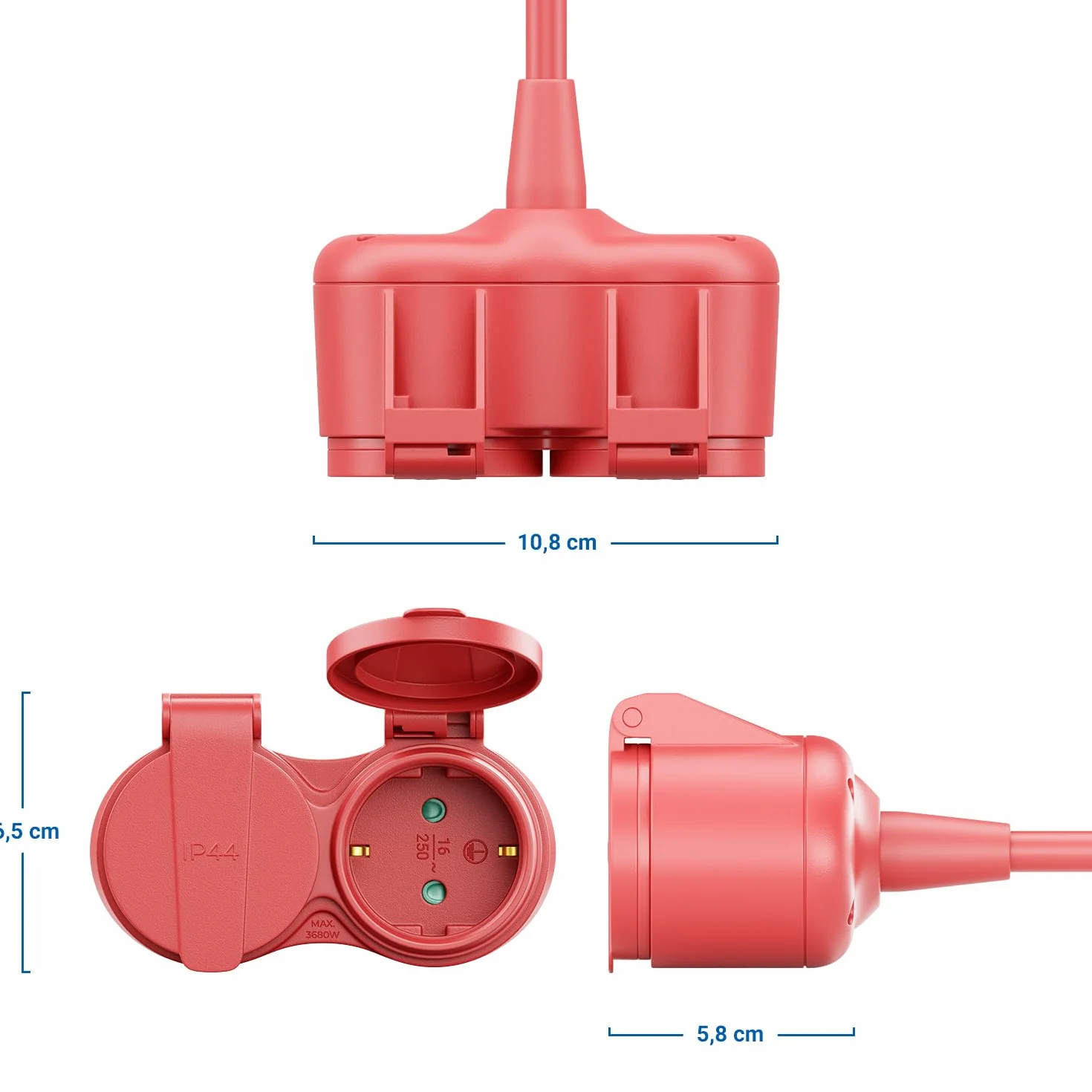 deleyCON 2m Przedłużacz Ogrodowy Kabel Zasilający IP44 (H07RN-F 3G1.5mm²) Odporne na Warunki Atmosferyczne Gumowy Kabel do Użytku na Zewnątrz - Wtyczka z Bolcem Ochronnym na 2x Gniazdo - Czerwony