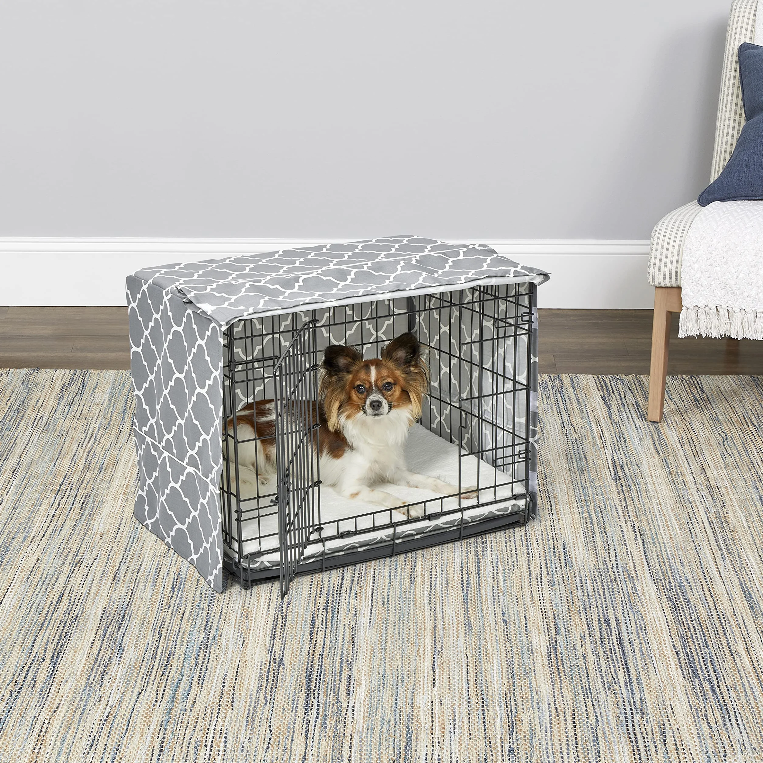 New World PeT Products Pokrowiec na klatkę dla psa z osłoną z tkaniny teflonowej, pokrowiec na skrzynię dla psa pasuje do skrzynek dla psów ze Środkowego Zachodu 61 cm, jasnoszary wzór designerski