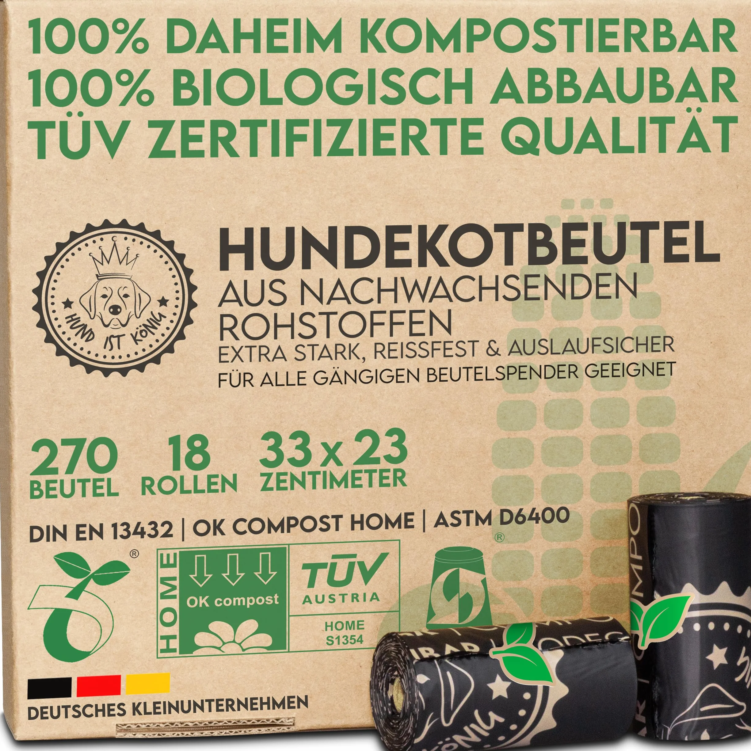 HUND IST KÖNIG Worki na odchody dla psów biodegradowalne [270 szt.] 100% kompostowalne worki na odchody dla psów, certyfikat OK compost HOME, odporne na rozdarcia worki na odchody dla psów