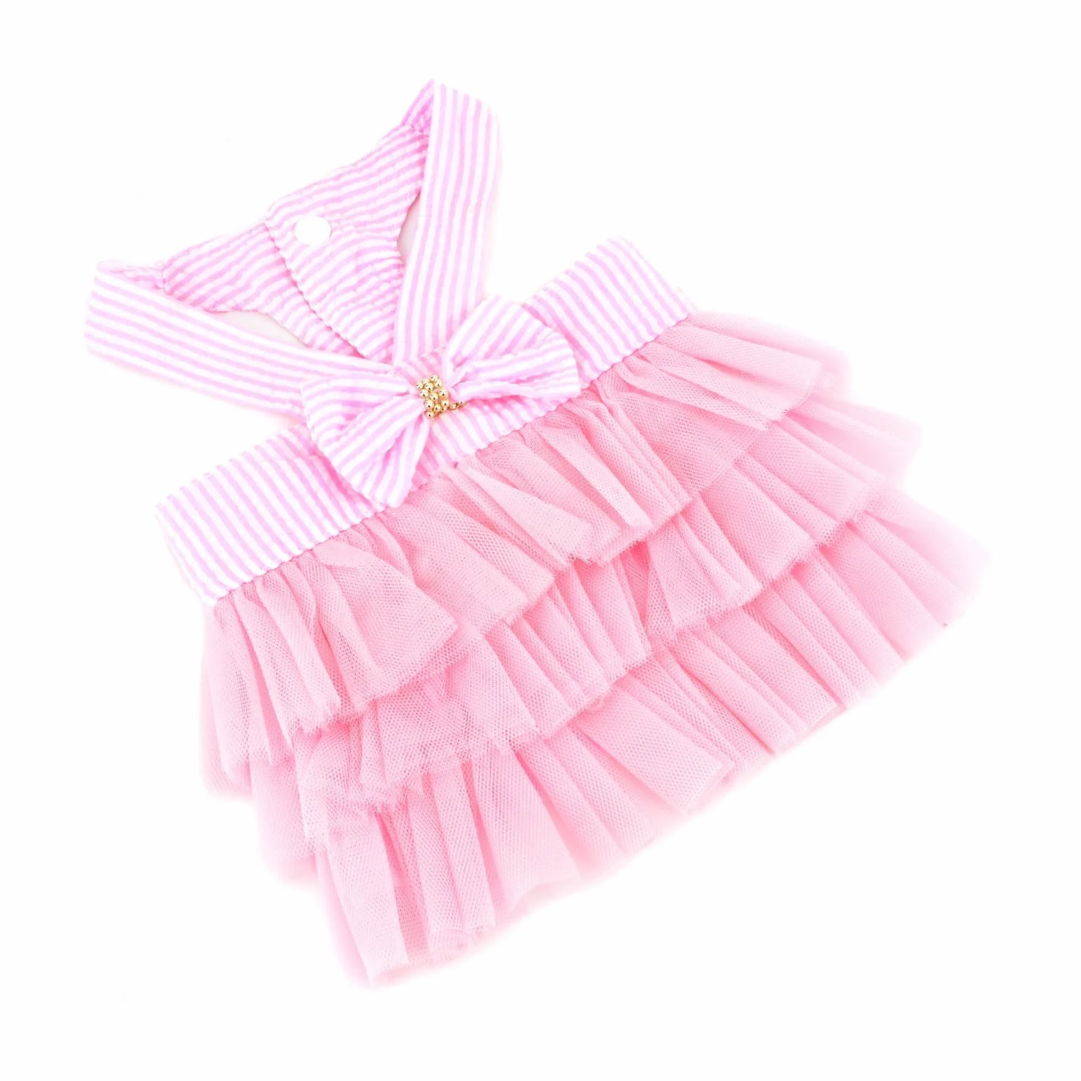 PAIDEFUL Sukienka dla małego psa w paski denim organza kokarda koraliki spódnica tutu lato miękka wygodna oddychająca ubrania dla szczeniaka bez rękawów guzik odzież dla kociąt, różowa, L
