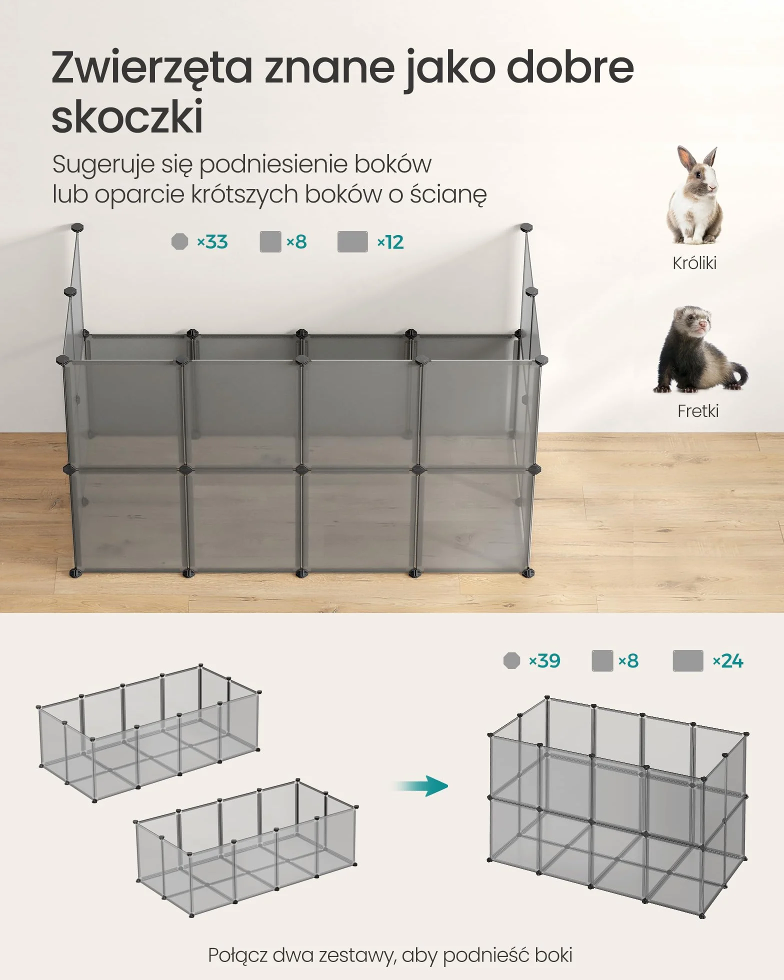SONGMICS LPC002G01 wybieg z płytami podłogowymi, kojec, wybieg dla świnek morskich, z tworzywa sztucznego, wybieg dla chomików, królików, jeży, 143 x 73 x 46 cm, szary