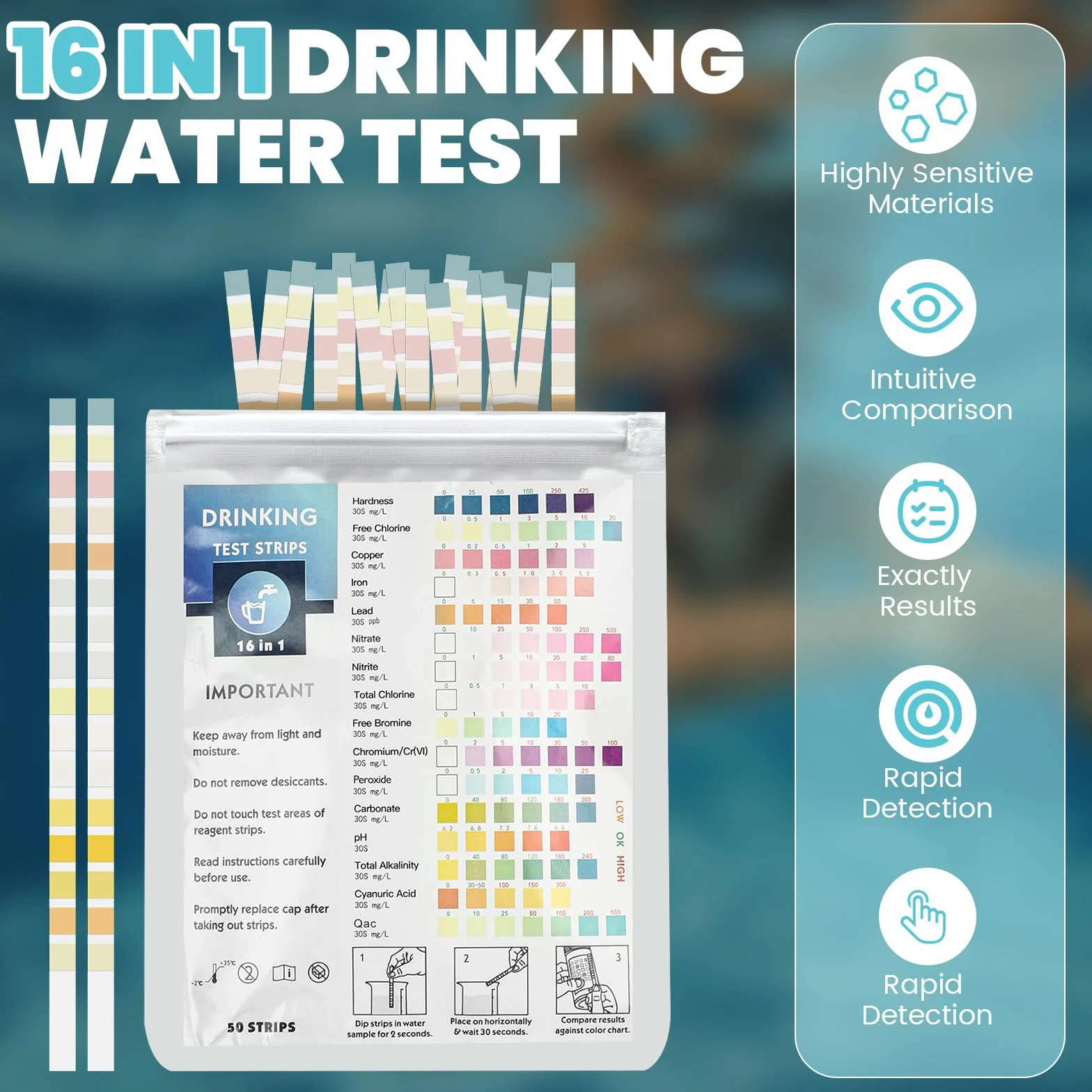 16 w 1 paski testowe do wody pitnej – 50 pasków Testy wody do wody pitnej Szybki test/paski testowe do basenu Whirlpool na akwarium/paski testowe do całkowitej twardości wartości pH Brom Chlor