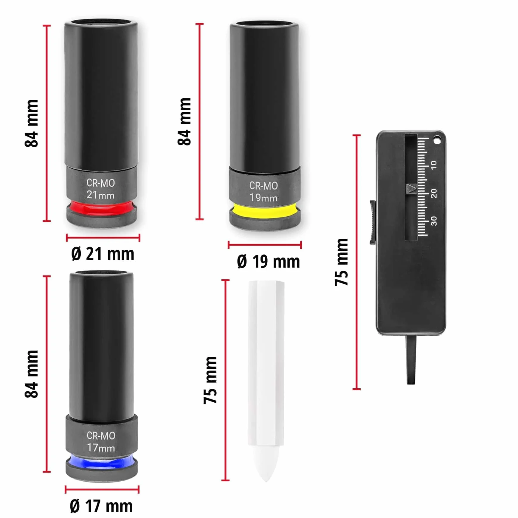 Oryginalny zestaw nasadek udarowych Einhell 5-częściowy (3 x 80 mm, stal CrMo, tuleja z tworzywa sztucznego, miernik głębokości bieżnika, kreda do opon, M-CASE, do felg aluminiowych)