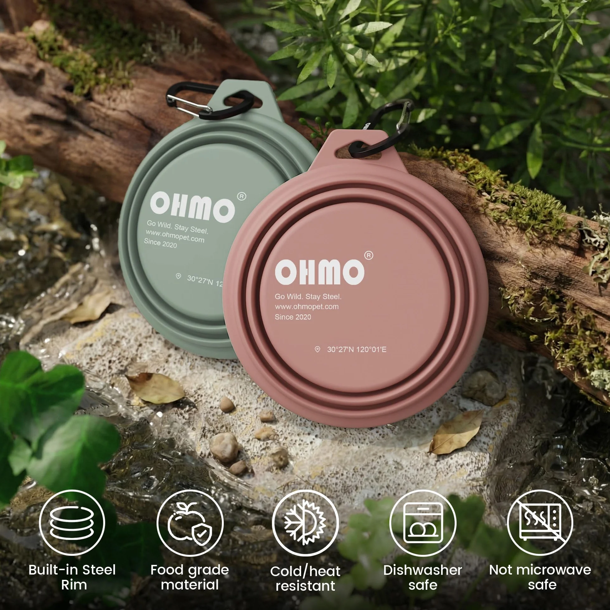 OHMO Miska dla psa składana z pierścieniem ze stali nierdzewnej, 2 sztuki, 350 ml, silikonowa miska dla psów i kotów, wytrzymała miska podróżna na kemping, wędrówki