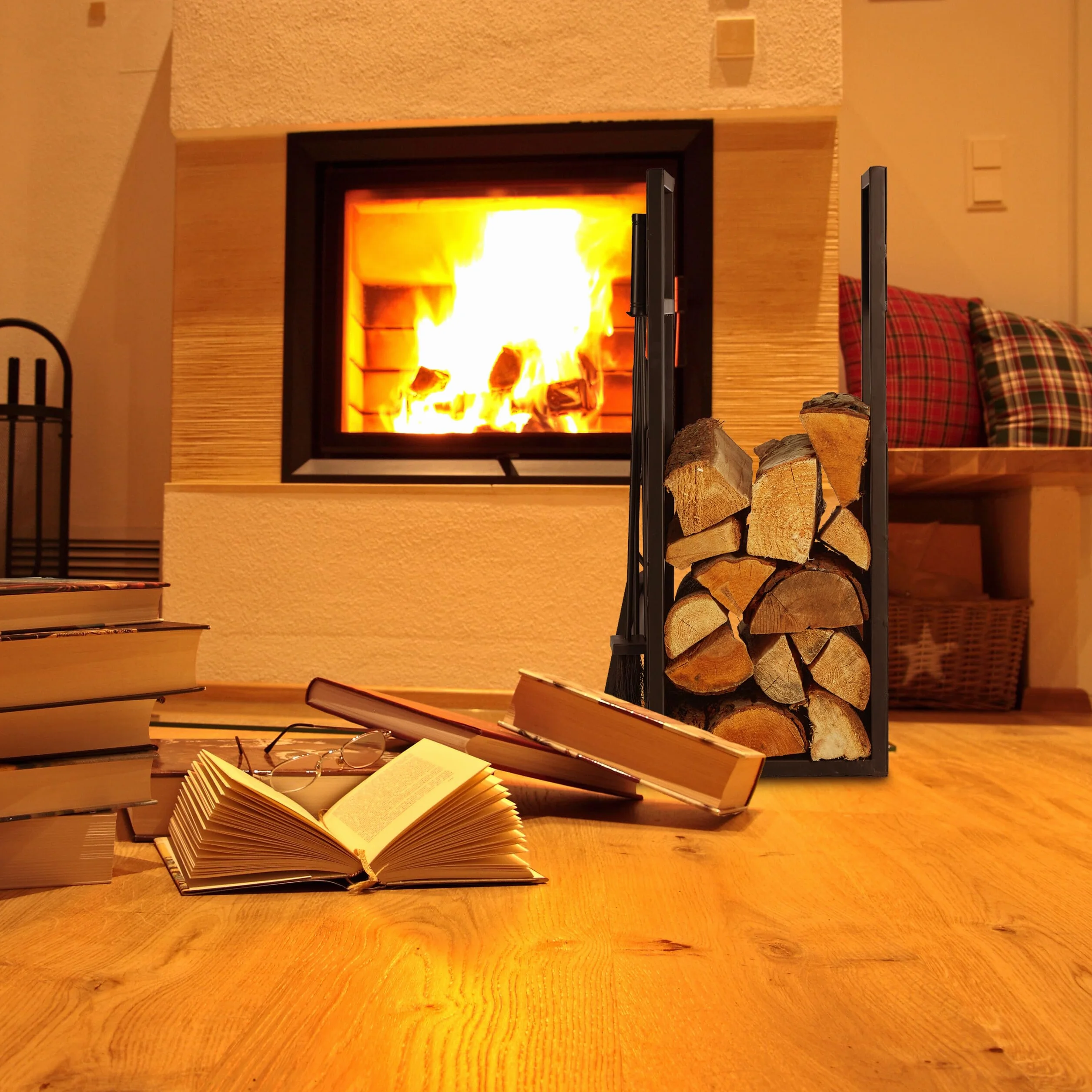 Relaxdays, czarny, regał na drewno kominkowe ze sztućcami, metal, wys. x gł.: 76,5 x 36 x 30 cm, regał na drewno opałowe, drewno, żelazo, aluminium, juta