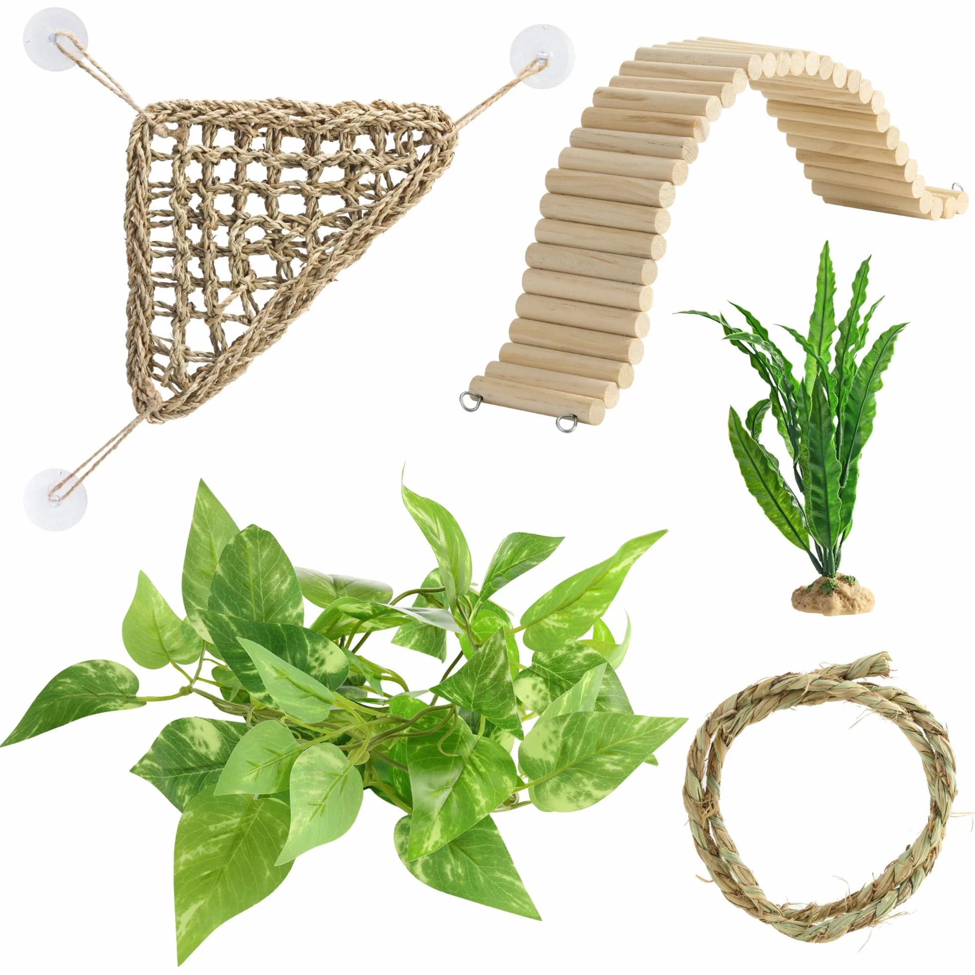 Navaris Zestaw 5 akcesoriów do terrarium z brodą, hamak trójkątny, linka 50 cm, dwie rośliny, drewniany most, pasuje dla gadów