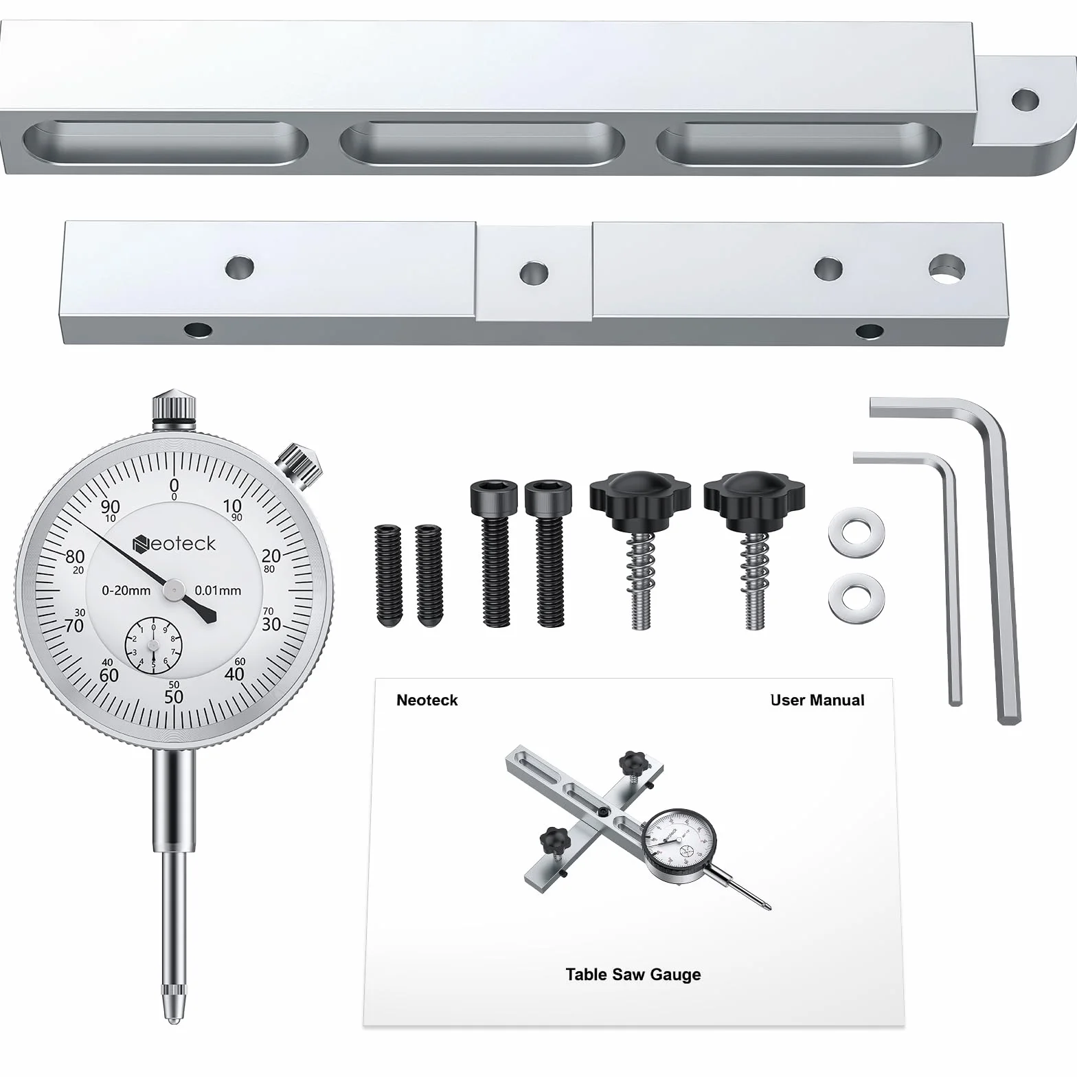 Neoteck 0-20 mm Rozdzielczość 0,01 mm Mechaniczny komparator piły stołowej z anodowanym prętem aluminiowym, mocowanie na trzech suwakach, mechaniczna tarcza wskaźnika do pił stołowych