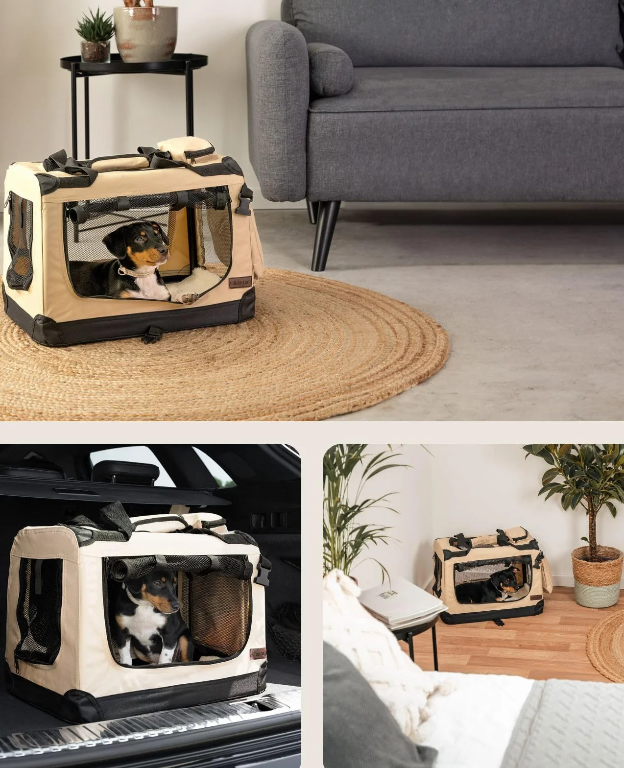 lionto Składany transporter dla psa do podróży i samochodu, 50x34x36 cm, wytrzymały transporter z uchwytami i kocem dla kota i psa do 10 kg, mocna torba z tkaniny, beżowy