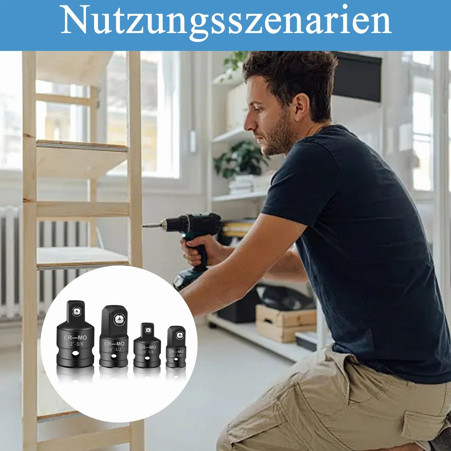 Zestaw adapterów nasadowych, 4 adaptery do kluczy nasadowych 1/2" na 3/8", 3/8" na 1/2", 3/8" na 1/4", 1/4" na 3/8" do kluczy nasadowych