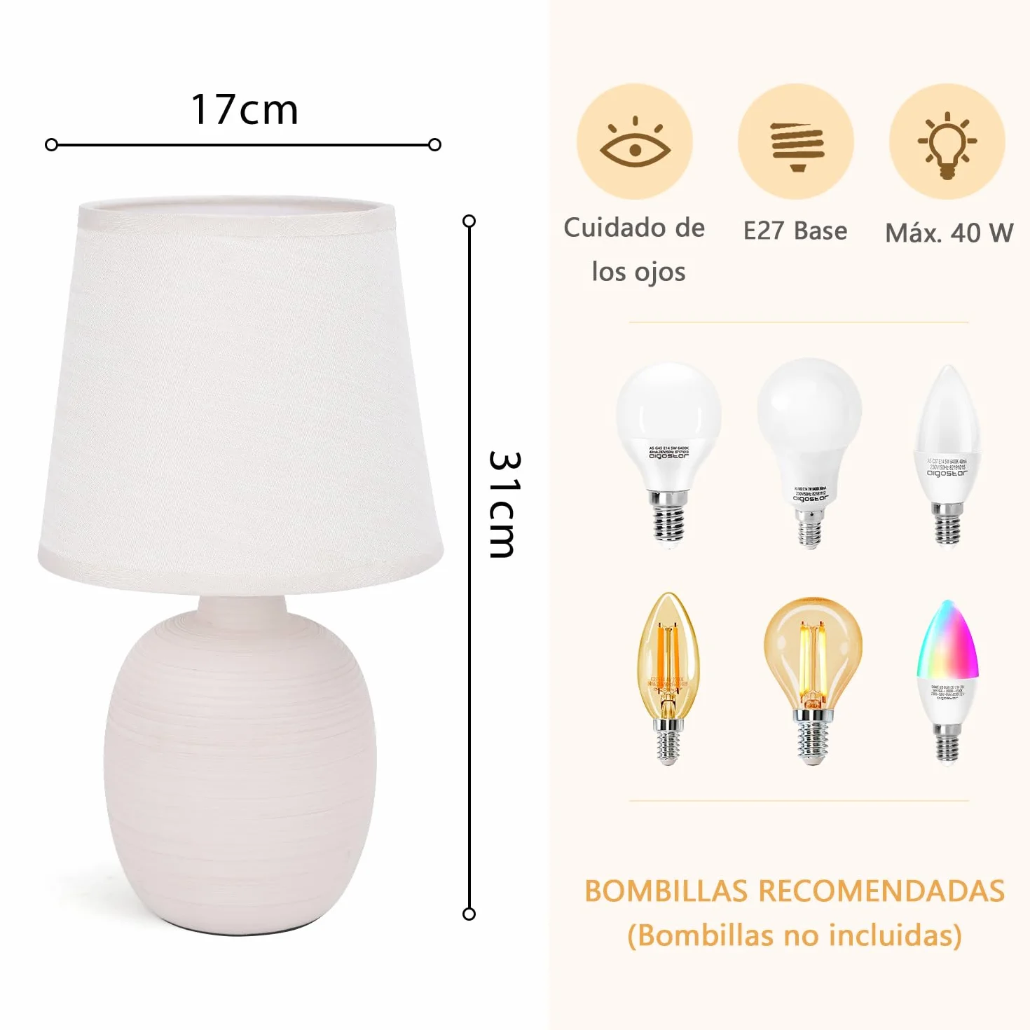 Aigostar Lampa stołowa E14 LED abażur z tkaniny vintage do sypialni