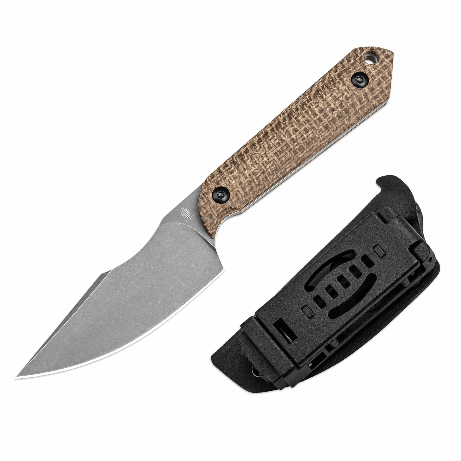 Kizer Mini Harpoon nóż, pochwa, myśliwski nóż z ostrzem 3 V i uchwytem Micarta, mały EDC ze stałym ostrzem, na kemping, wędrówki, survival 1040SM1