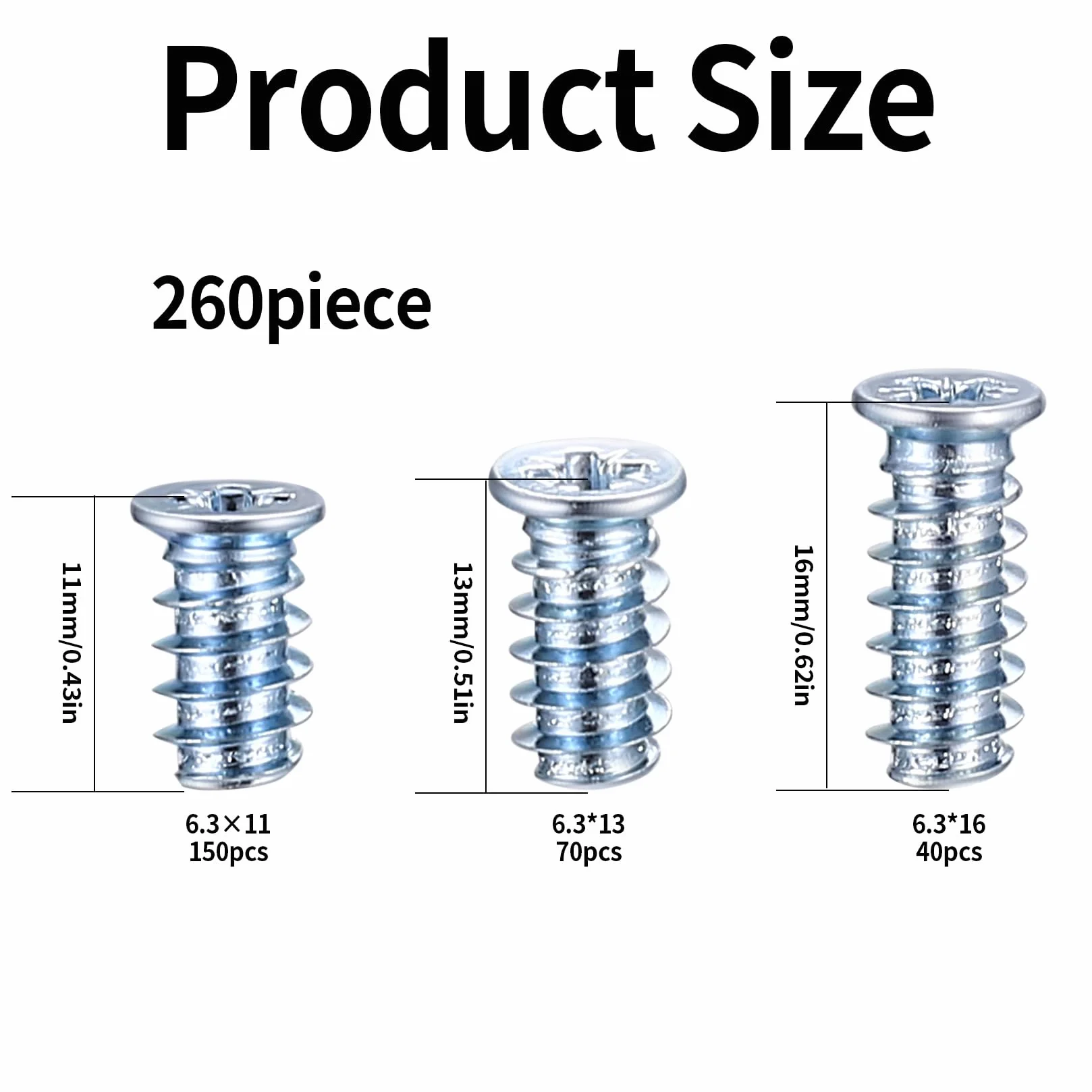 260 Sztuk Wkrętów Euro z Łbem Stożkowym 6,3x11mm 6,3x13mm 6,3x16mm