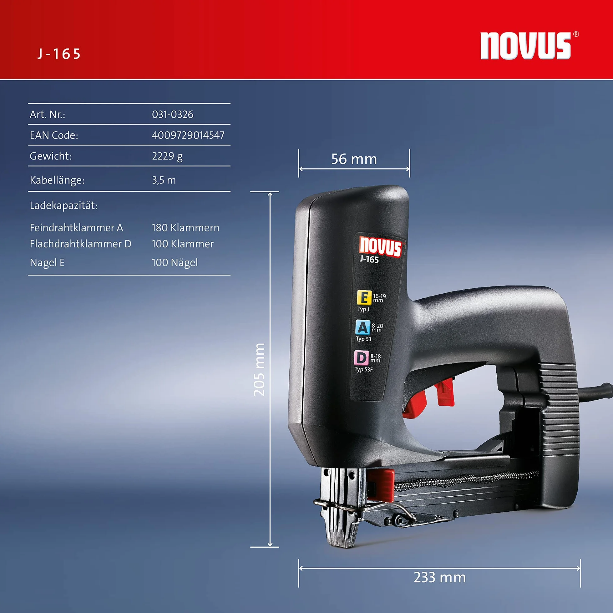 Novus Zszywacz elektryczny J-165 Profi, uniwersalny zszywacz bezodbijający, funkcja wyszukiwania, zszywki i gwoździe