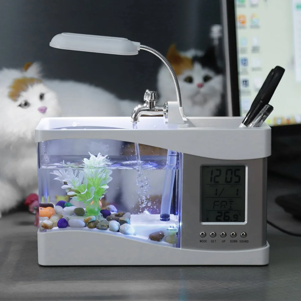 Mini akwarium, plastikowe bezpieczne akwarium, wielofunkcyjne z funkcją zegara, światło LED do sypialni do dekoracji (białe)