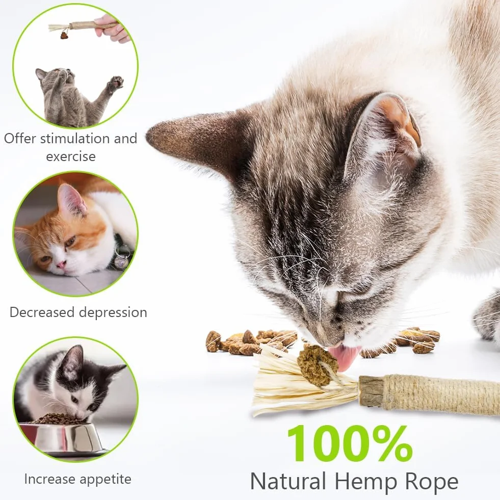 Zabawki z kocimiętką, 4 szt. Pałeczki do żucia dla kotów, Naturalne patyczki Matatabi dla kotów, Czyszczenie zębów kota zabawki do żucia, w celu wyeliminowania nieświeżego oddechu