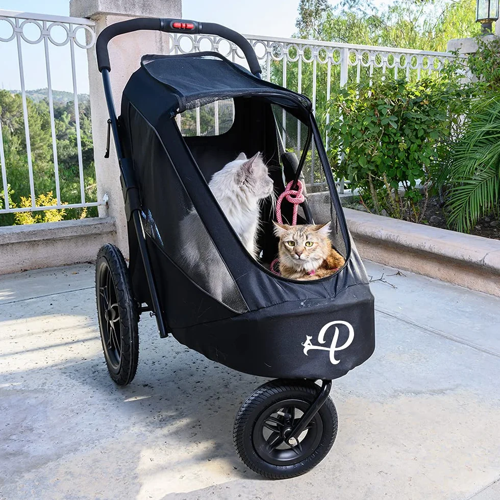 PETIQUE Luksusowa przyczepa do roweru dla psw, Duy rozmiar joggera, skadanie jedn rk, opony powietrzne, osona przeciwdeszczowa, pompa do opon, adapter rowerowy, Czarny