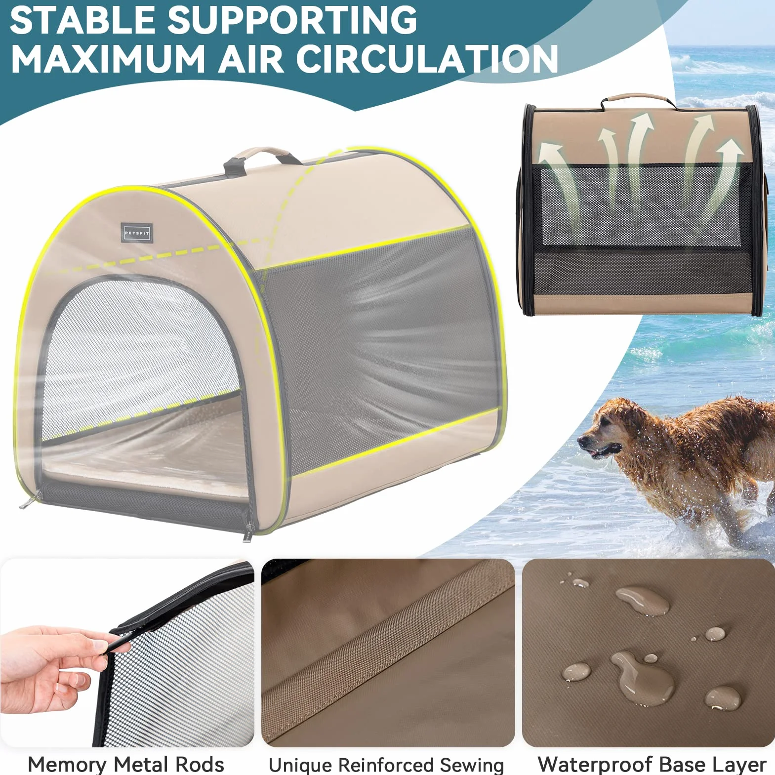 Petsfit Składany Transporter dla Psów do Samochodu 65 x 49 x 50 cm Khaki