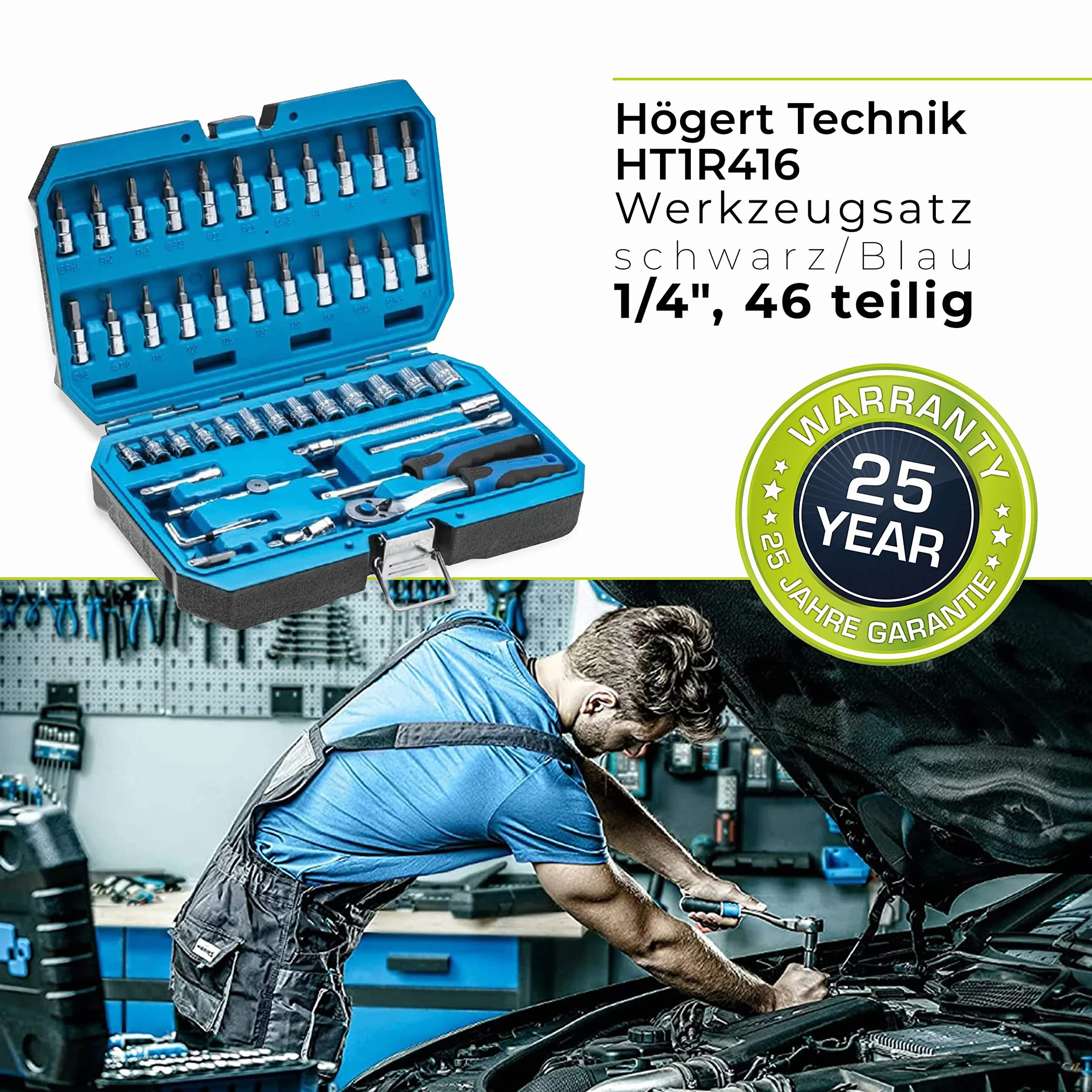 HÖGERT TECHNIK Zestaw narzędzi 1/4" klucze nasadowe bity akcesoria stal stopowa CrV kuta matrycowo mechanizm zapadkowy 72 klamki blokujące HT1R416 46-częściowy