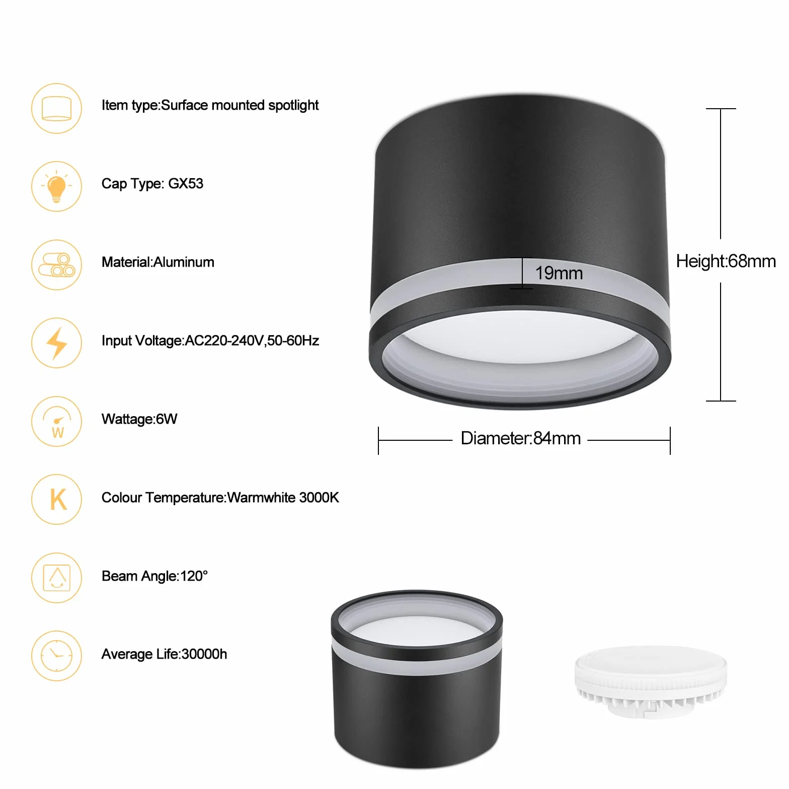 KYOTECH Czarny reflektor sufitowy LED Ø84x67mm z wymienną żarówką 6W GX53 - Ciepła biel 3000K 550LM Wewnętrzna lampa sufitowa z akrylowym pierścieniem