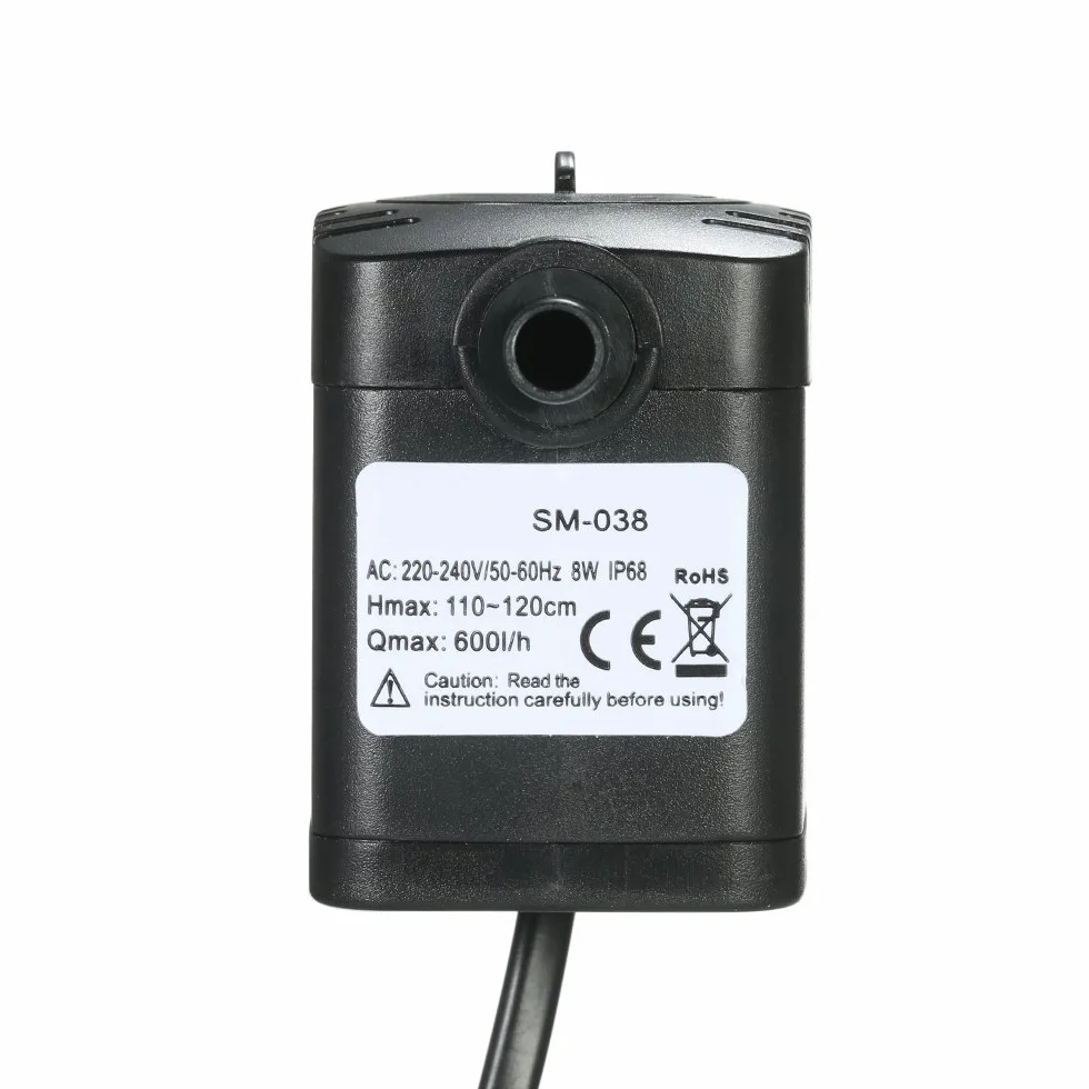 Decdeal Zatapialna pompa wodna 600L/H 8 W do akwarium fontann stołowych, stawów, ogrodów wodnych i systemów hydroponicznych z 2 dyszami AC220-240V