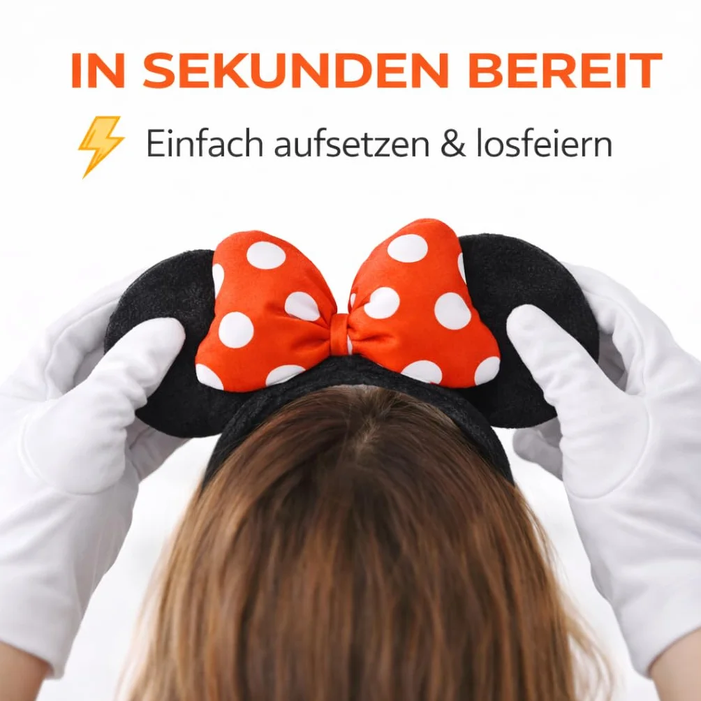 FASCHINFEVER Zestaw 2 par uszu myszki – kostium Myszki Minnie, zestaw z uszami i rękawiczkami dla kobiet na karnawał
