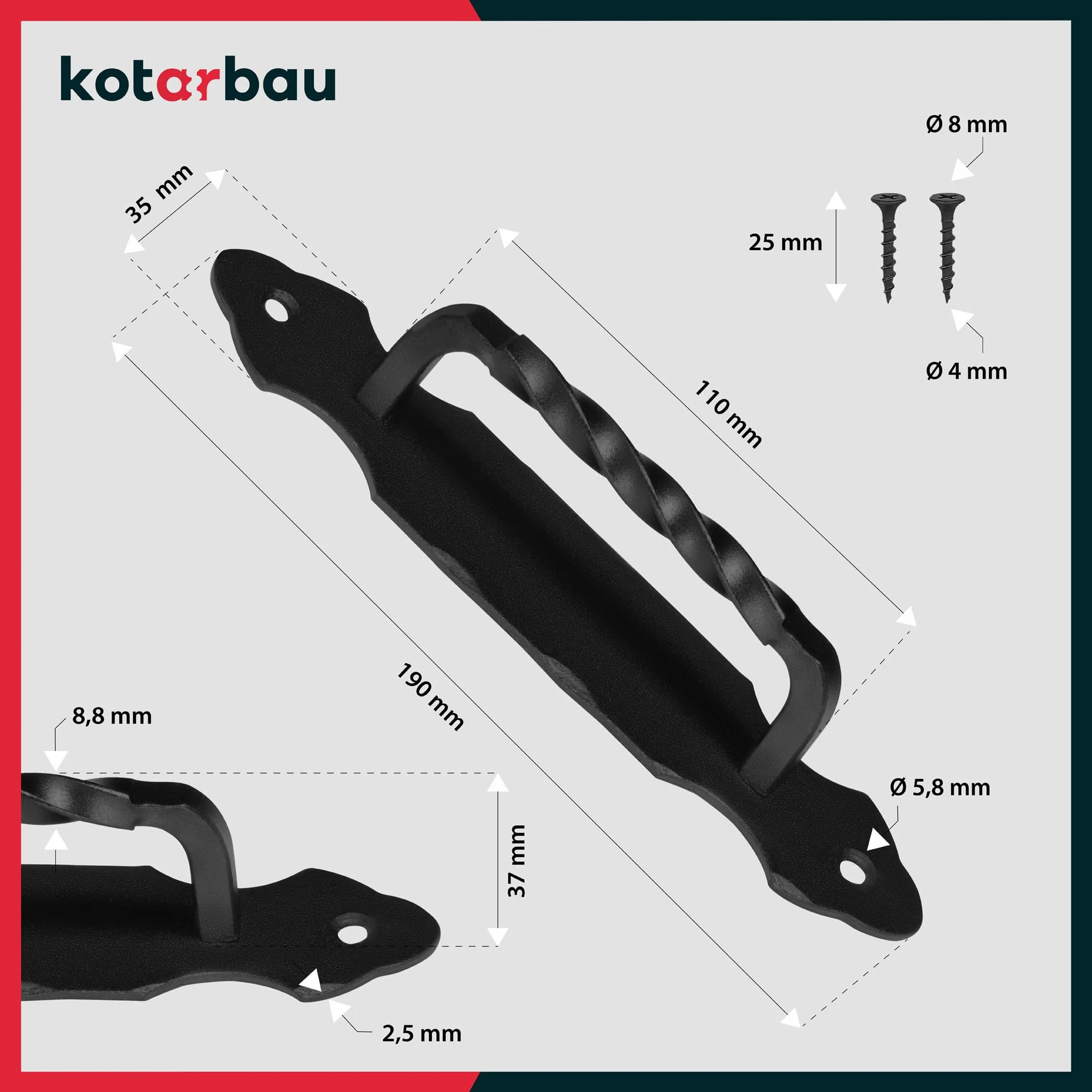 KOTARBAU® Klamka do drzwi 190 mm kute żelazo klamka czarna klamka do drzwi stalowy uchwyt do drzwi uchwyt okucie drzwi drzwi przesuwnych uchwyt meblowy