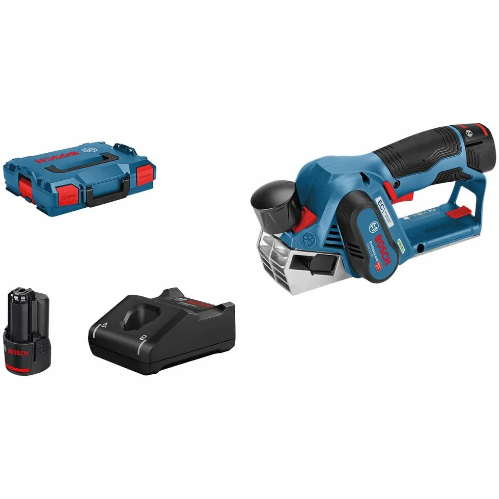Bosch Professional system 12V: akumulatorowy strug GHO 12V-20 (maks. szerokość strugania: 56 mm, 2 akumulatory GBA 12V 3.0Ah + ładowarka, 2 noże, walizka L-BOXX)