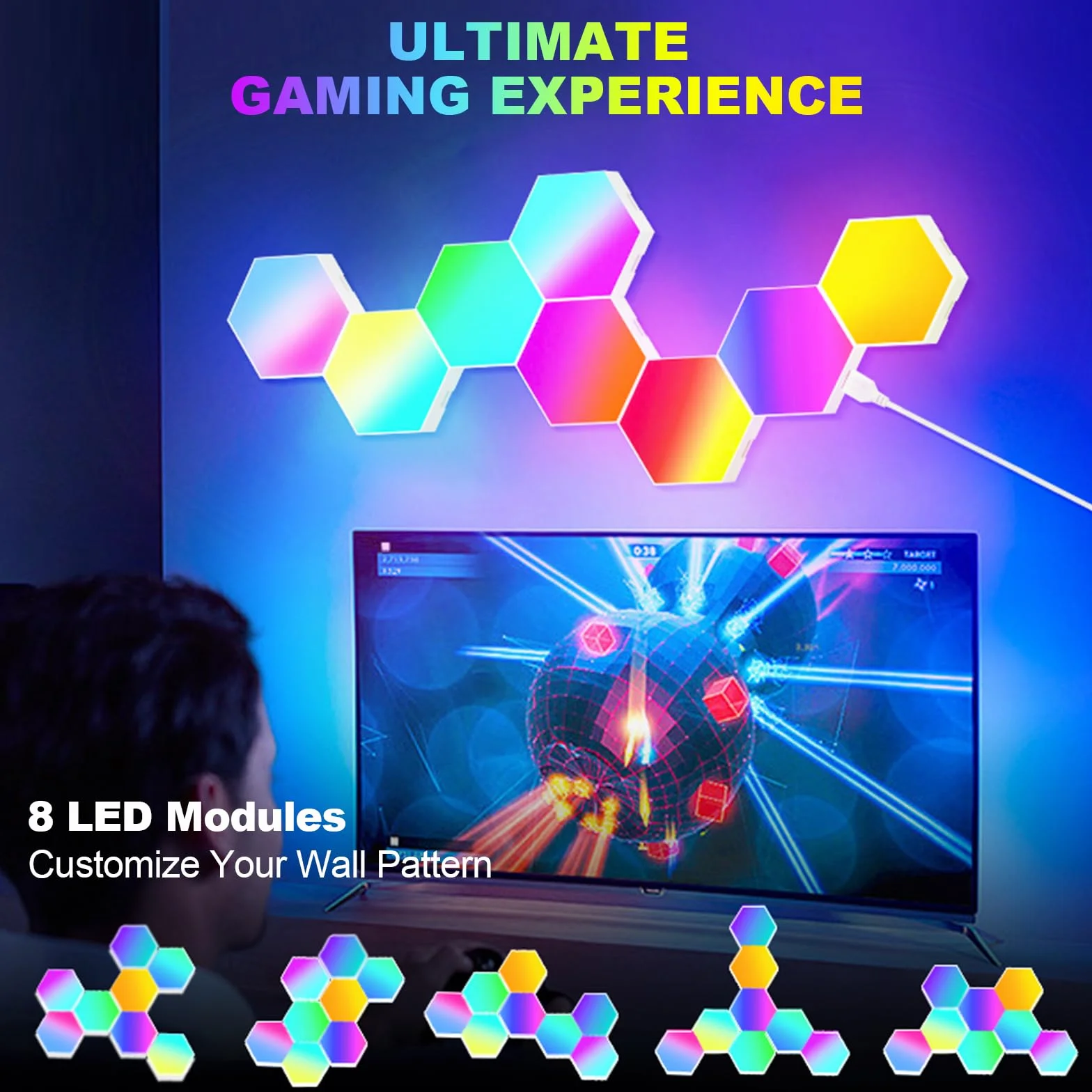 URAQT Hexagonalny Kinkiet LED do Gier, 8 Sztuk Paneli RGB, Inteligentny Sześciokątny, Synchronizacja Muzyki Sterowana Aplikacją dla Graczy, Wystrój Pokoju, Światło Modułowe