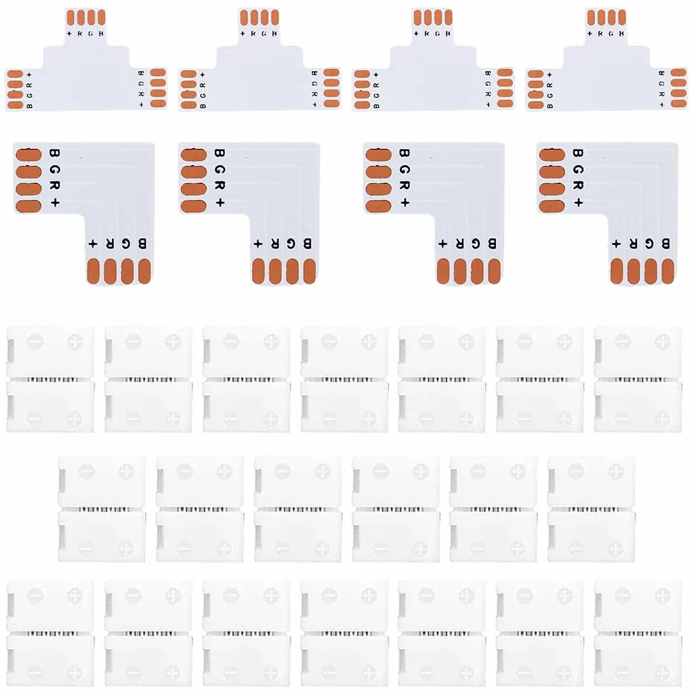 DASIAUTOEM Łącznik do taśm LED, 4-biegunowe, 8 mm, łączniki narożne LED, 20 sztuk, 4 T, złącze narożne typu L, złącze LED do taśm LED do taśm LED o szerokości 8 mm (nowoczesne)