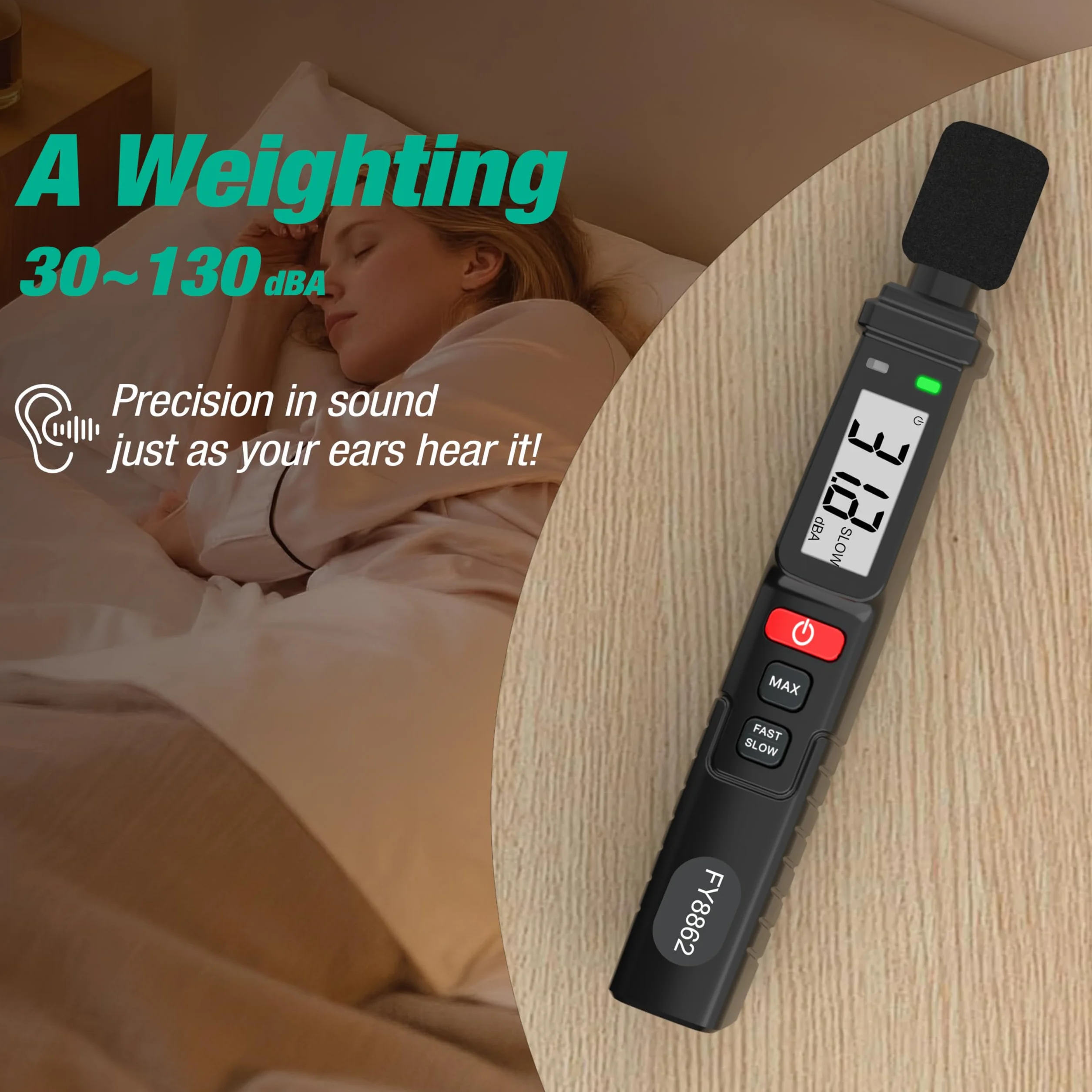 Cyfrowy miernik poziomu dźwięku, decybeli 30-130 dB z A/C, miernik hałasu audio, przenośny miernik SPL z kolorowym wyświetlaczem LCD, Data Hold, MAX Hold, latarka, Home Office Factory